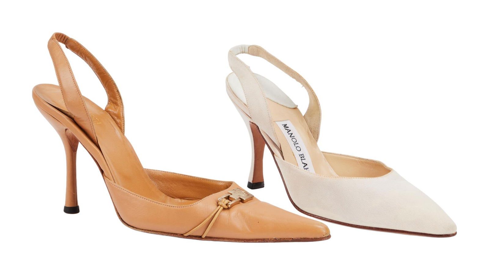Joan Rivers | Two Pairs of Beige Heels: Two pairs of beige high heel shoes, the lighter by Manolo Blahnik with fabric uppers and leather soles; the darker all leather with gold-tone buckles, by Gianni Versace. Both pairs are stamped "M