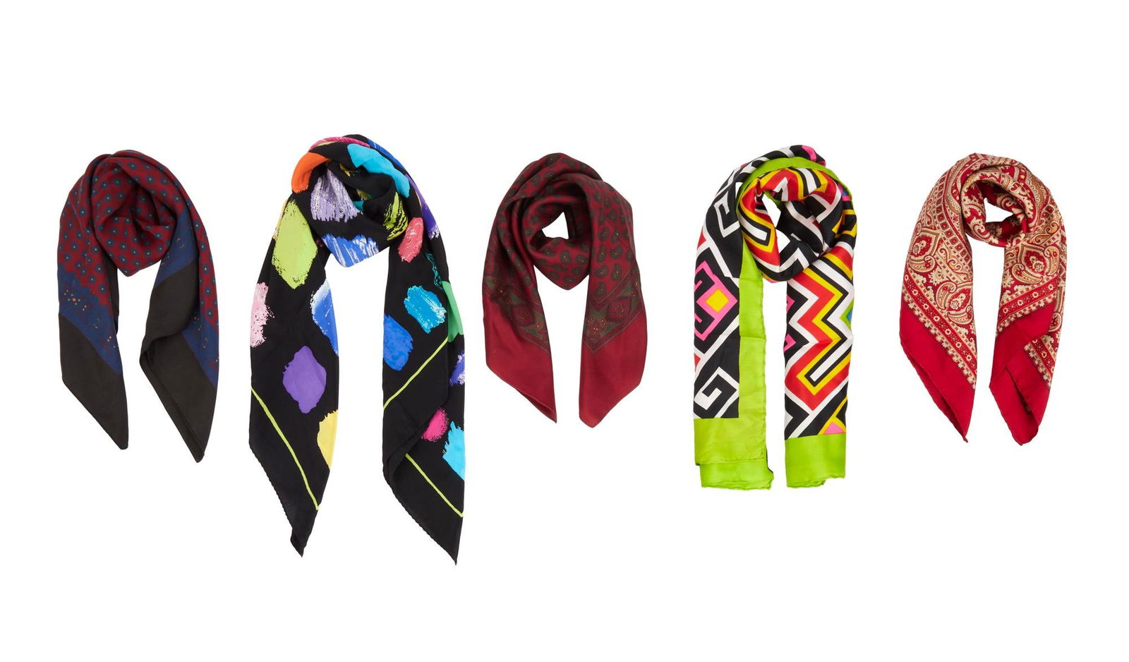 Joan Rivers | Circa 1990s-2000s Colorfully-Patterned Silk Scarves: A group of five; all 100% silk, of various sizes and prints, one marked "Ken Done", one labeled in part "Made in England", one labeled in part "Made in Italy." Various Si