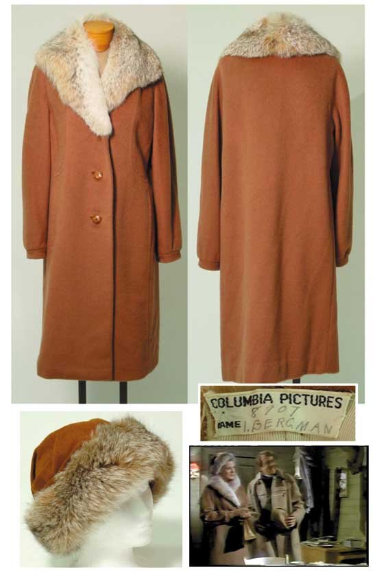 Ingrid Bergman Coat - Walk In The Spring Rain: Dark camel coat with fox fur collar and fox wrapped matching hat, worn by Ingrid Bergman in her starring role as Libby Meredith In the 1970 film A Walk In The Spring Rain. In excellent condition and d