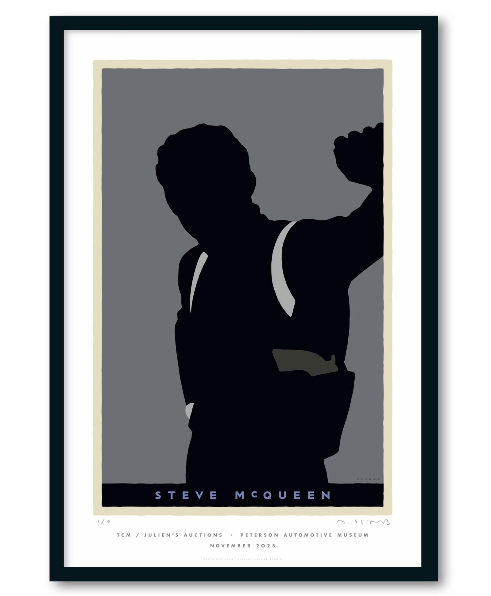 Steve McQueen | Michael Schwab Limited Edition Print (A): An original hand-numbered limited edition print created by artist Michael Schwab depicting the siloette of Steve McQueen in his iconic role as "SFPD Lieutenant Frank Bullitt" in the producti