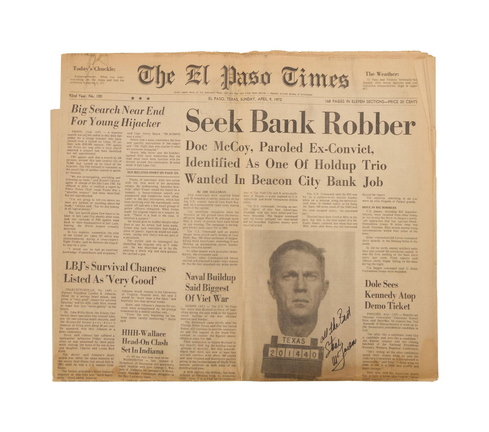 The Getaway | Steve McQueen Signed "The El Paso Times" Newspaper Prop: An original The El Paso Times prop newspaper signed by Steve McQueen related to the production of the film The Getaway (National General Pictures, 1972). Steve McQueen signed near his mugshot on