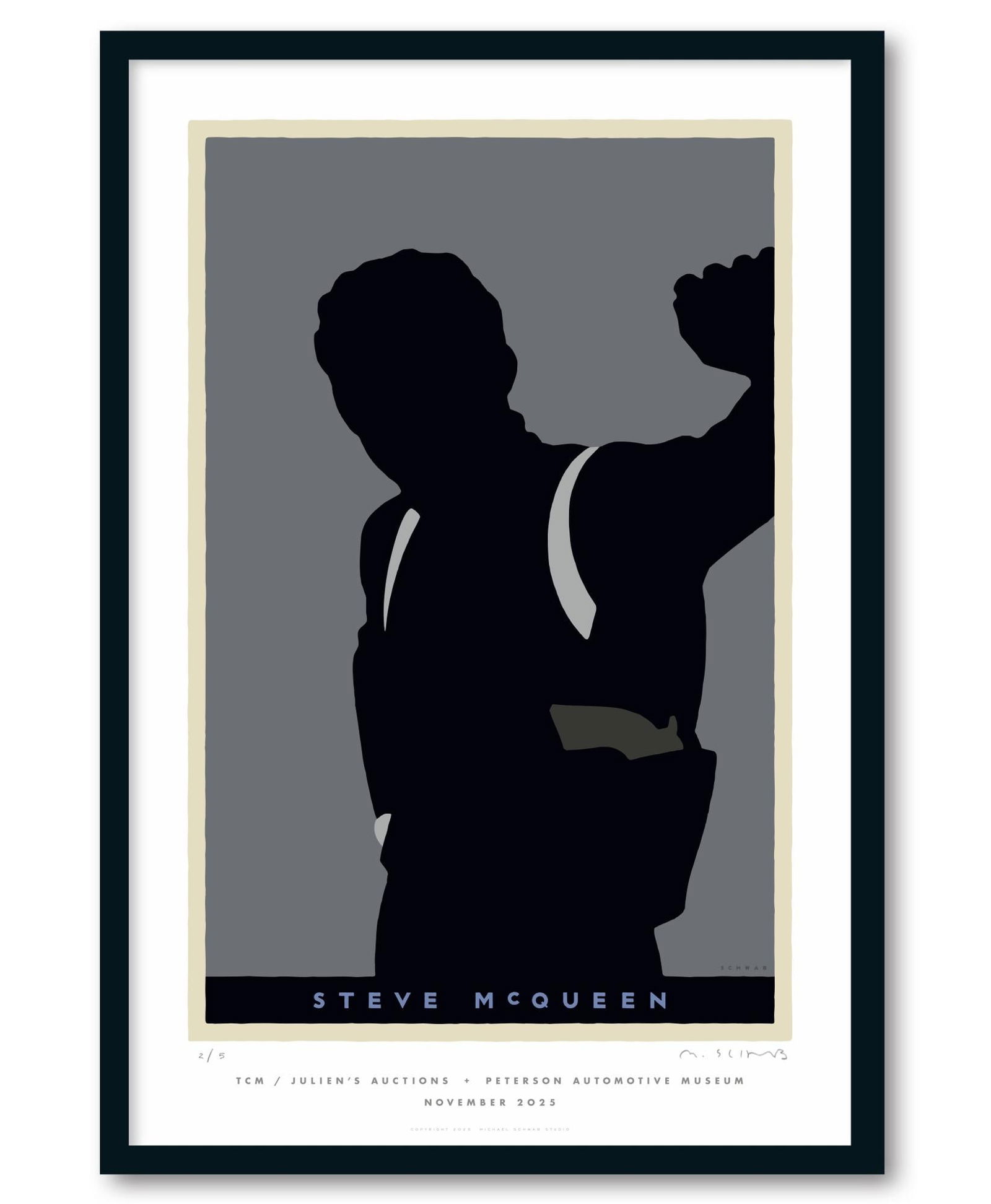 Steve McQueen | Michael Schwab Limited Edition Print (B): An original hand-numbered limited edition print created by artist Michael Schwab depicting the siloette of Steve McQueen in his iconic role as "SFPD Lieutenant Frank Bullitt" in the producti