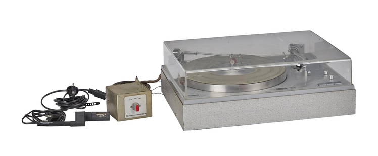 Florian Schneider | Yamaha YP-800 Turntable: A Yamaha YP-800 turntable with a rare custom hammered aluminum plinth (serial number: 17184), an Audio-Technica headshell, and an unidentified cartridge. The turntable was also later fitted with an