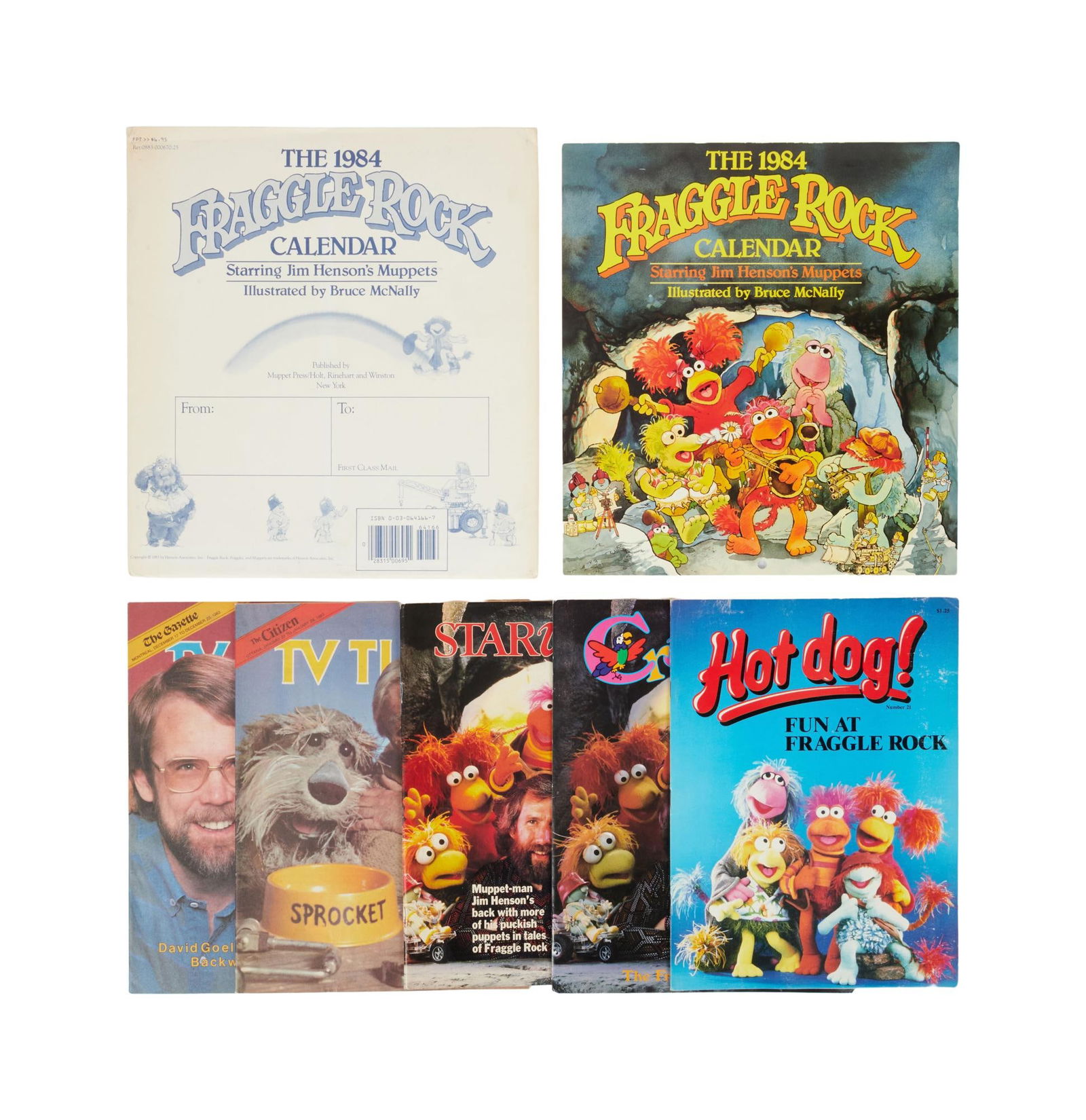 Fraggle Rock | 1984 Calendar and Publication Group: An original 1984 calendar for Fraggle Rock (HBO, 1983 - 1987), paired with five publications from the era promoting the television series. The five publications include TV Times Magazine from December
