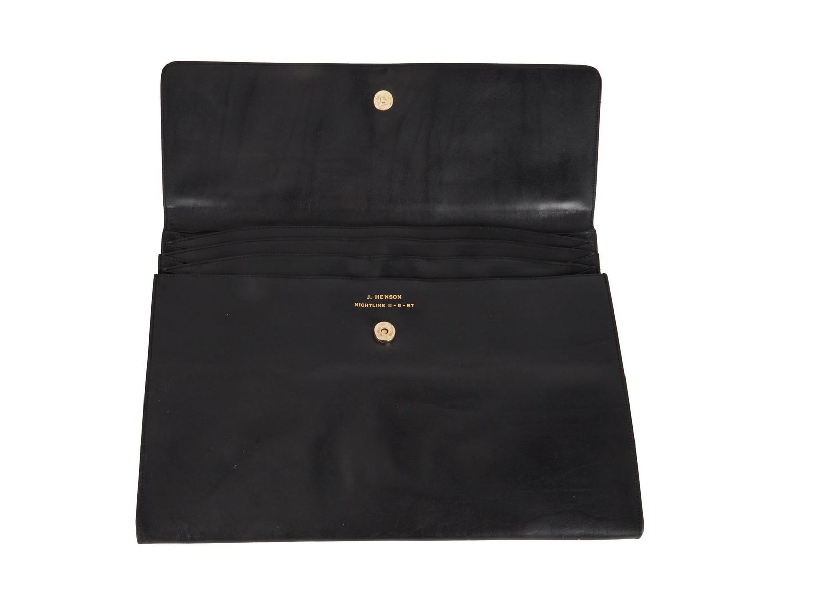 Jim Henson | Personalized Attache Case, Gifted from "Nightline": A Mark Cross brand black leather attache case gifted to Jim Henson by the production team of Nightline (ABC News Productions, 1980 - Present) that features "J. Henson" on the inner edge.&nbs