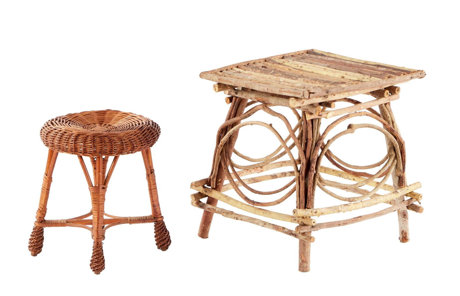 The Tale of the Bunny Picnic | Twig Table and Wicker Stool with Storybook: Two pieces of set dressing from the production of the television special The Tale of the Bunny Picnic (HBO, 1986). One piece is a "twig" table, made of sticks nailed together, and