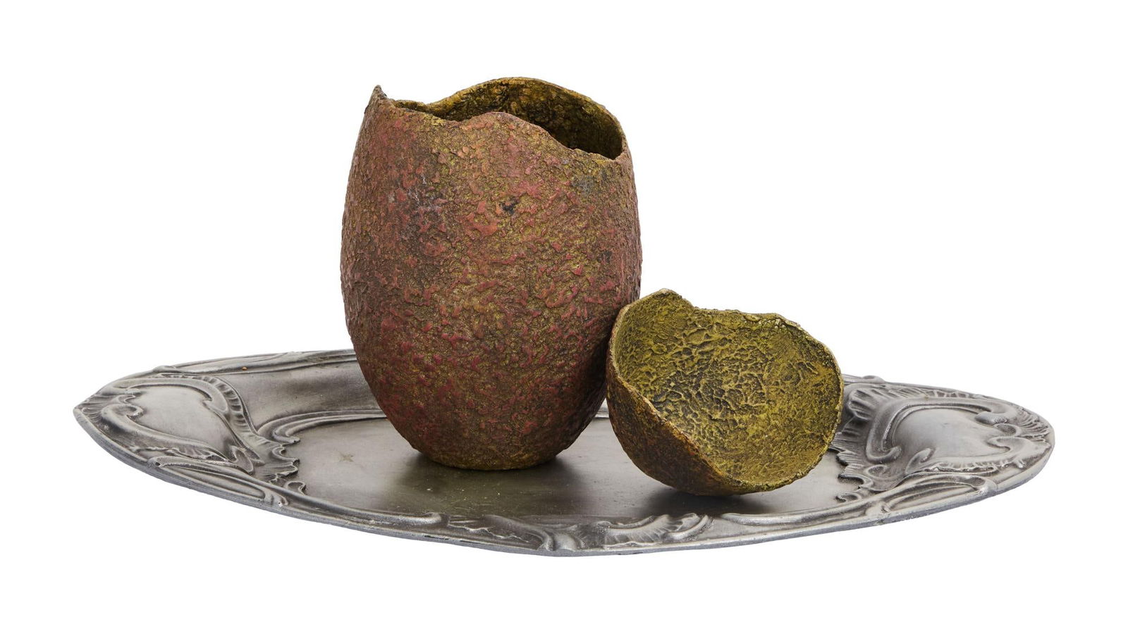 The Dark Crystal: Age of Resistance | Skeksis Banquet Small Egg and Platter Props (A): An original group of props from the Skeksis banquet from the production of the television series The Dark Crystal: Age of Resistance (Netflix, 2019). Included in this grouping are two components