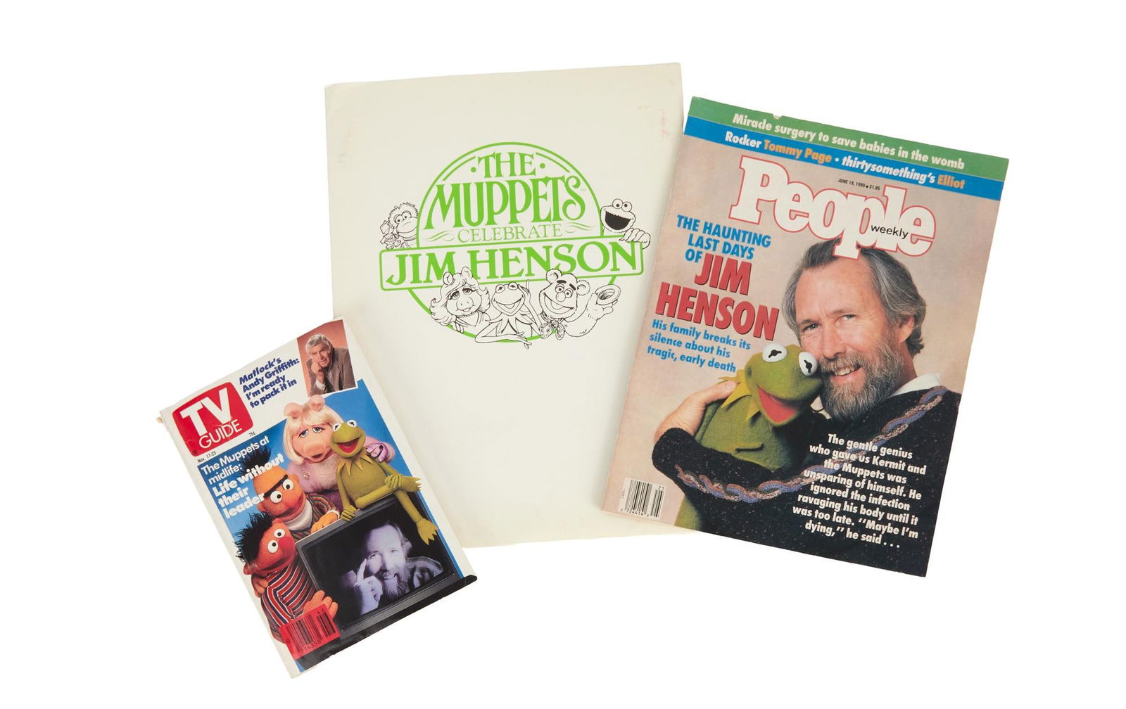 The Muppets | "The Muppets Celebrate Jim Henson" Press Kit with Magazines: An original "The Muppets Celebrate Jim Henson" press kit, paired with a November 17 - 23, 1990 TV Guide magazine and a June 18, 1990 People magazine. The press kit includes three gloss