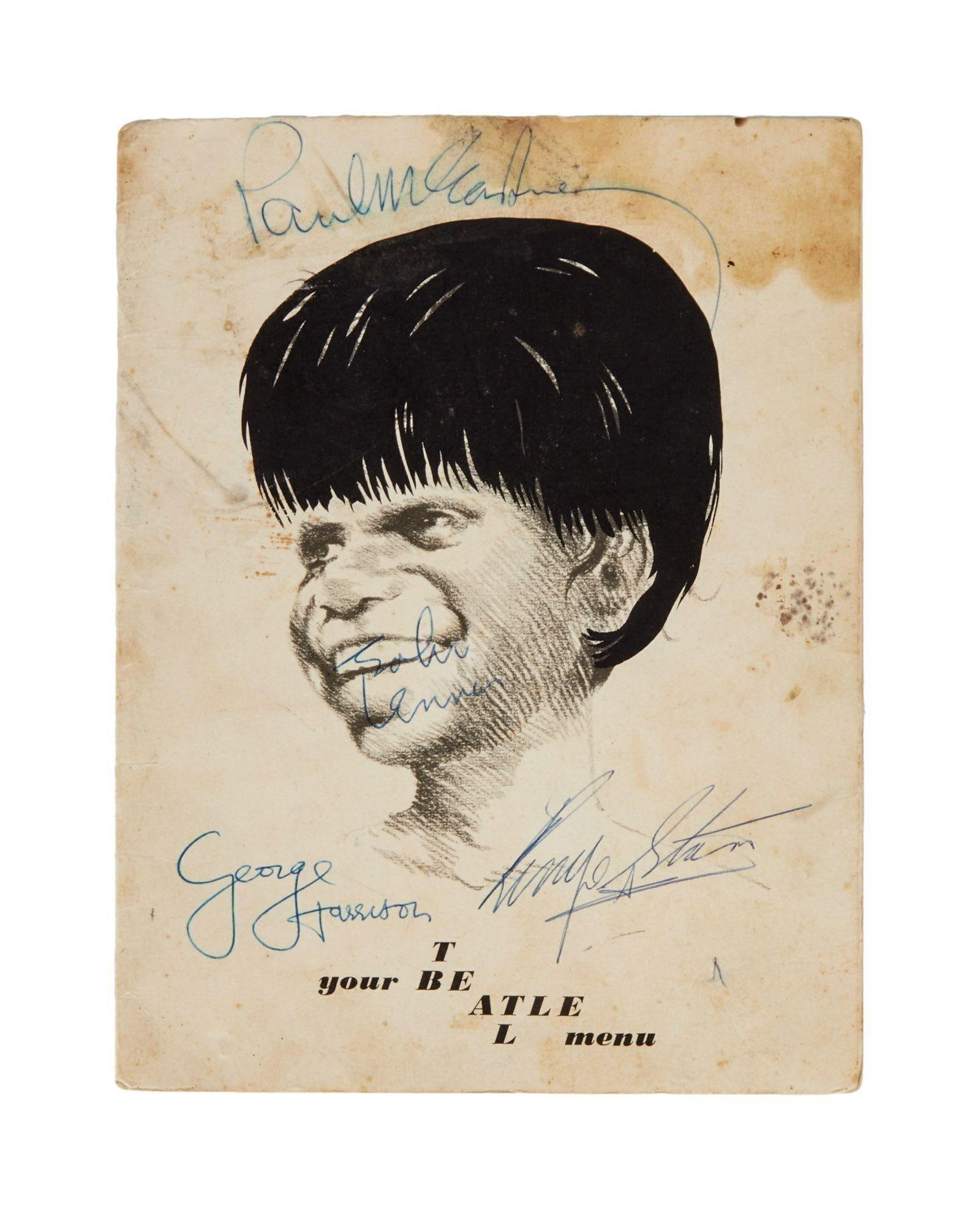 The Beatles | Band-Signed 1964 "Teal Airlines" In-Flight Menu: A vintage Teal Airlines menu, signed by all four members of The Beatles: John Lennon, Paul McCartney, George Harrison, and Ringo Starr. The custom "Teal Beatle" menu, which was likely signed