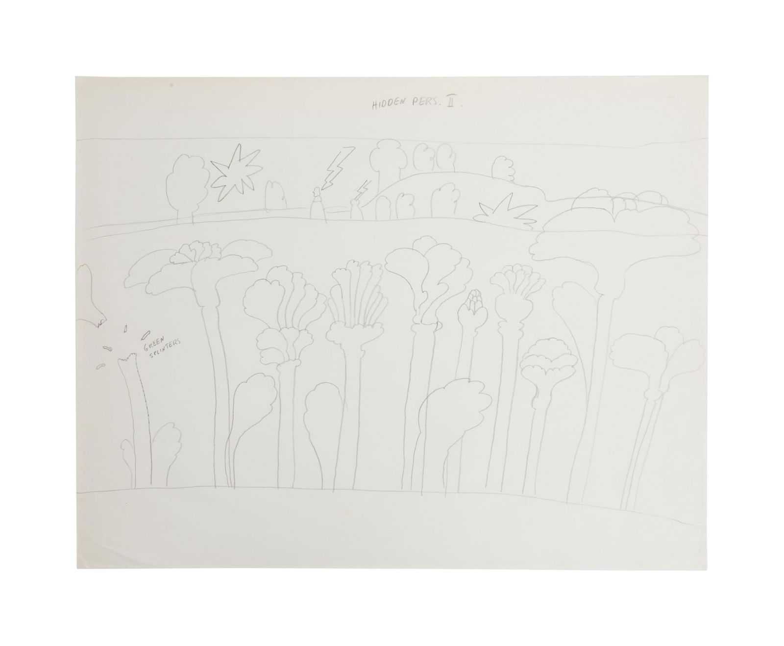 The Beatles | "Yellow Submarine" Green Splinters Illustration: A pencil on paper background illustration of plants created for The Beatles animated film, The Yellow Submarine (Apple Corps, 1968). The illustration is labeled "Hidden Pers. II" and ha