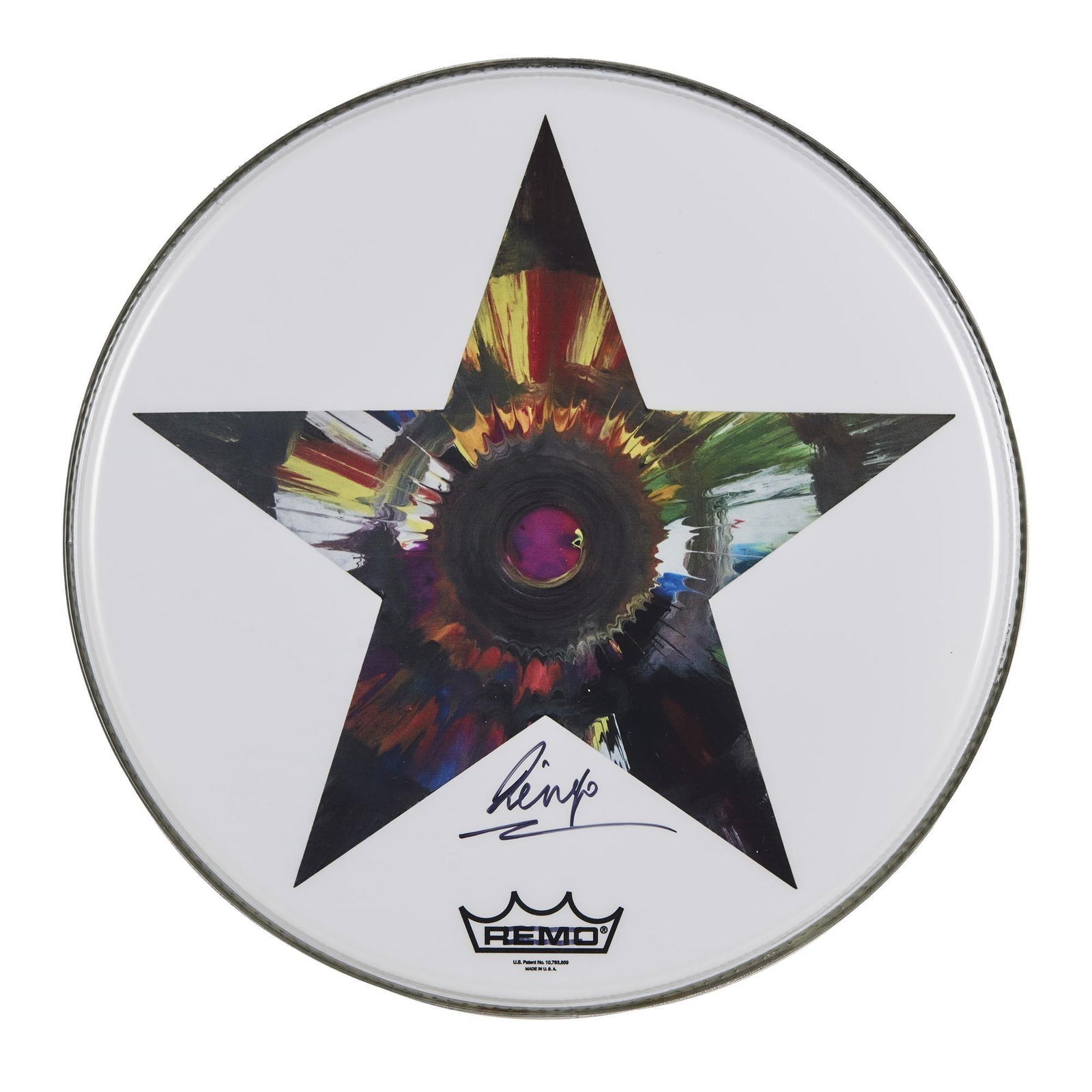 Ringo Starr | Signed Drum Head: A 14-inch white Remo drumhead with star spin graphic, signed by Ringo Starr in black marker.