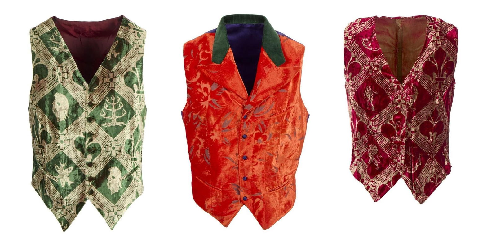 Ringo Starr | Personally Owned Velvet Vests: A group of three vests, from the personal collection of Ringo Starr, including a green patterned velvet vest; a burgundy patterned velvet vest; and an orange burn-out velvet vest with a green collar a