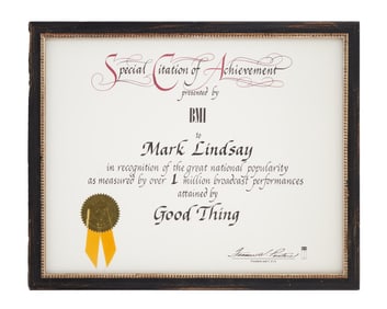 Mark Lindsay | Paul Revere & the Raiders "Good Thing" BMI Certificate