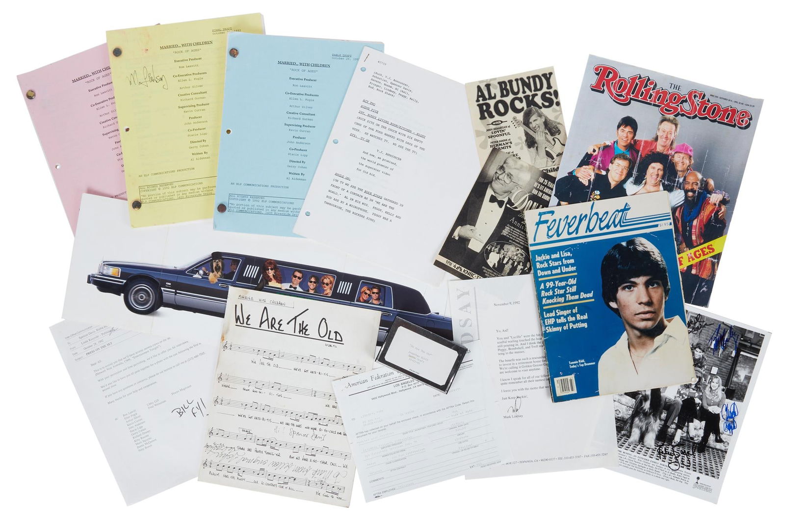 Mark Lindsay | 1992 "Married With Children" Appearance-Related Ephemera: A group of ephemera related to Mark Lindsay's appearance in a 1992 episode of the sitcom Married... with Children (1987-1997, Columbia Pictures Television). This lot includes: a black a