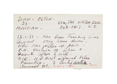Elton John | Post 1970 US Tour Medical Card