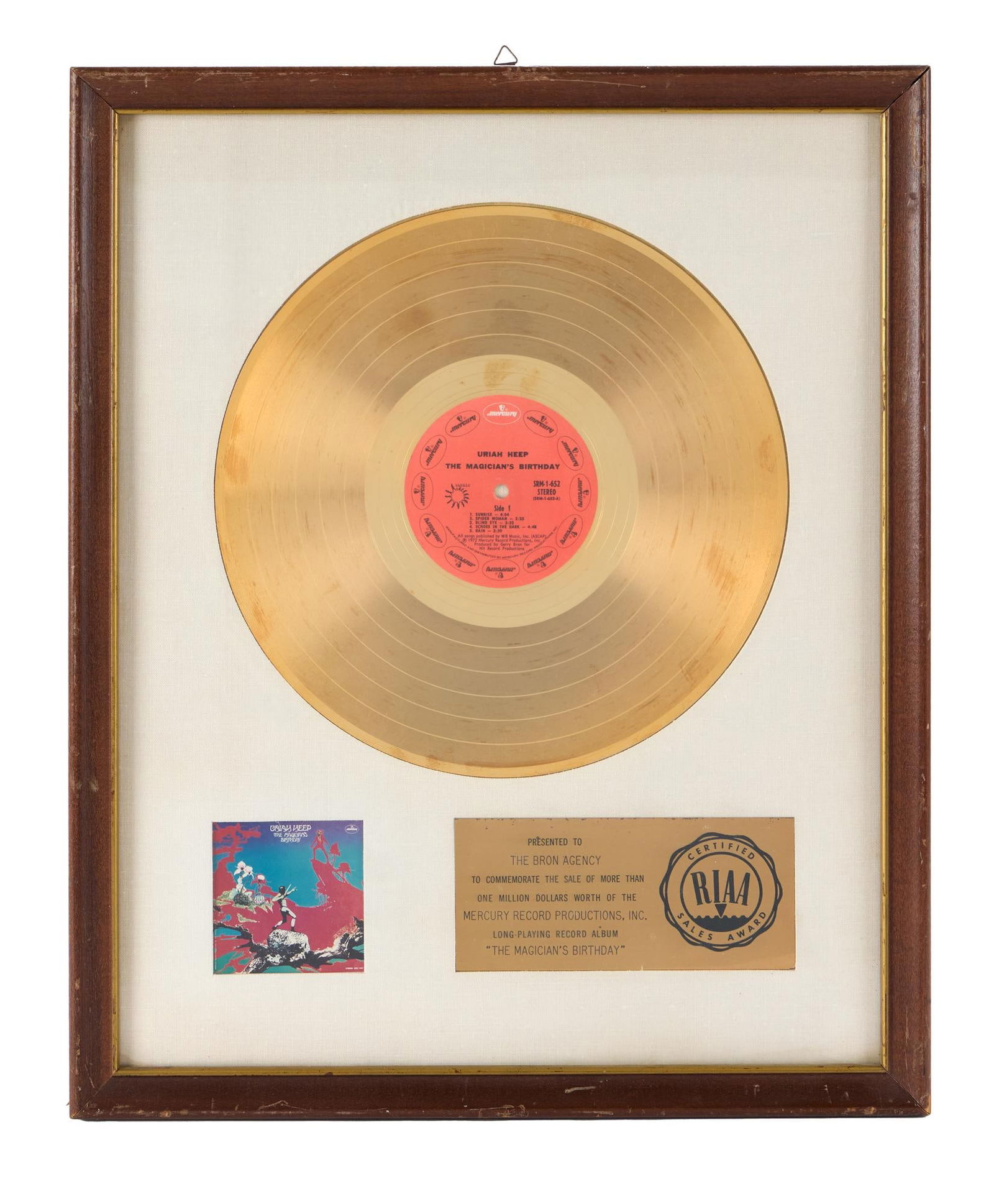 Uriah Heep | RIAA "Gold" Sales Award for "The Magician's Birthday" Presented to The Bron Agency (1 of 3)