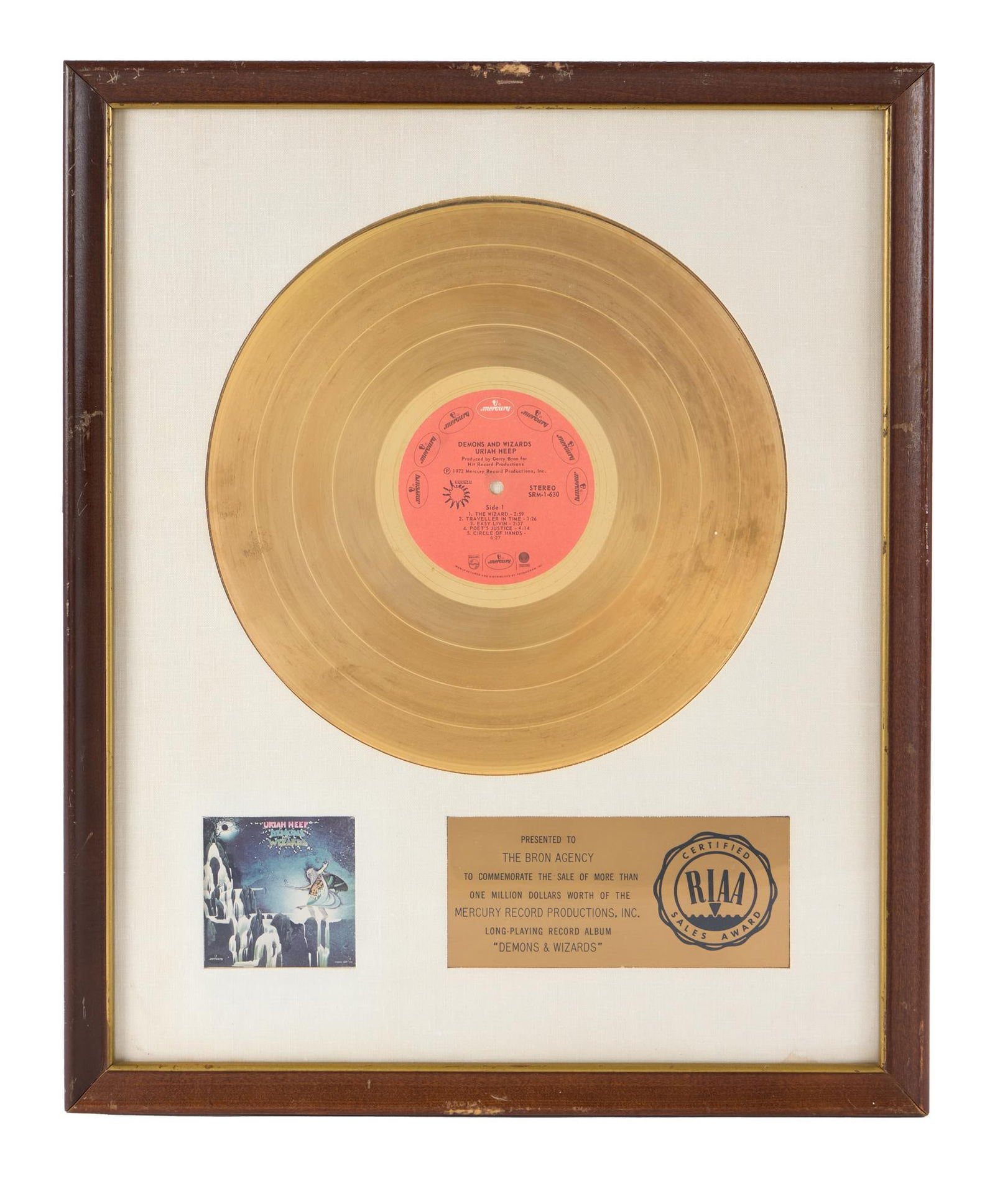 Uriah Heep | RIAA "Gold" Sales Award for "Demons and Wizards" Presented to The Bron Agency (1 of 3)