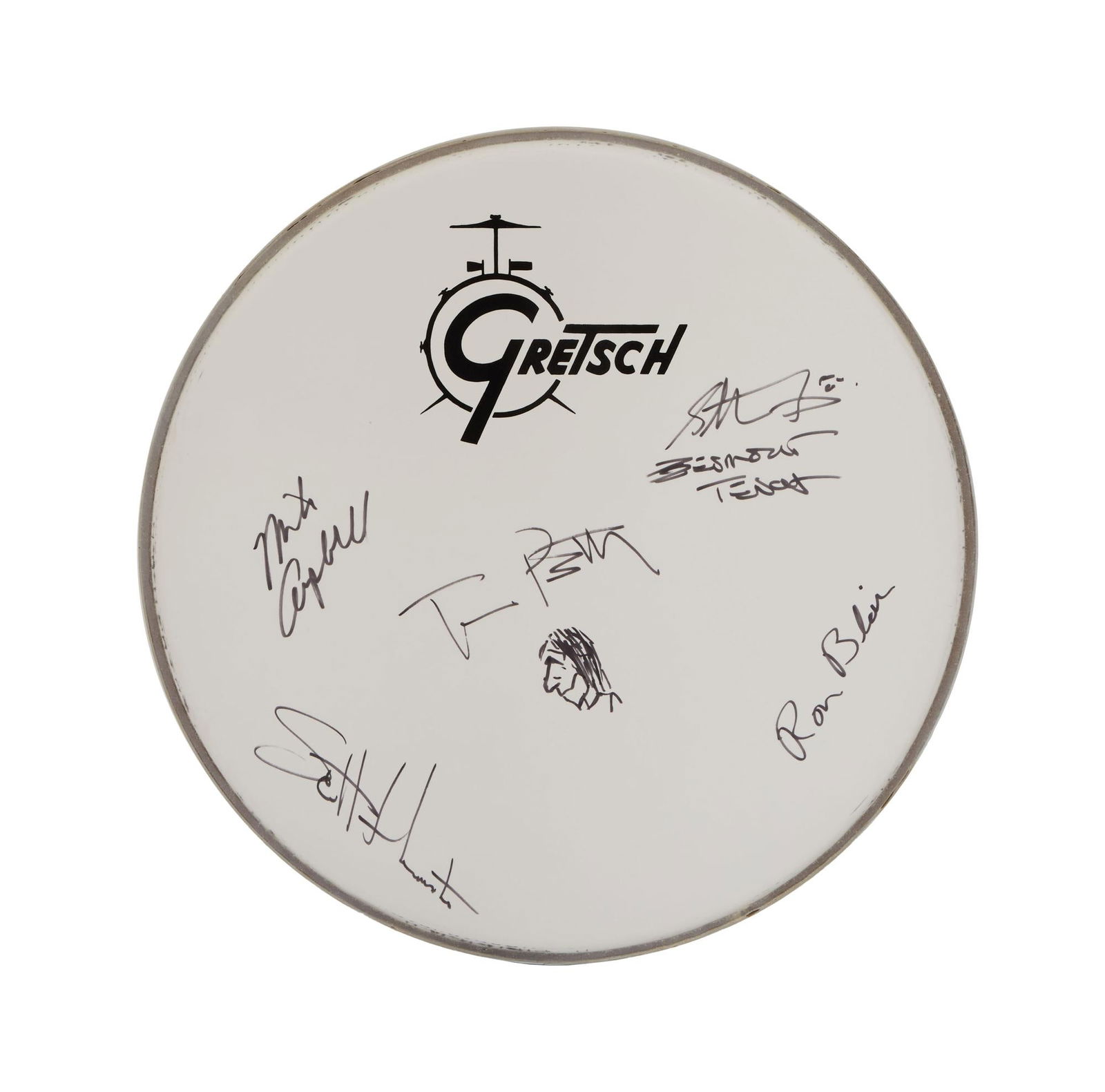 Tom Petty | Band Signed Gretsch Drum Head: A 19-inch Gretsch drumhead signed in black marker by Tom Petty, Ron Blair, Scott Thurston, Stan Lynch, Benmont Tench and Mike Campbell. Tom has added a small drawing below his signature. 19 x 19 x 1 i