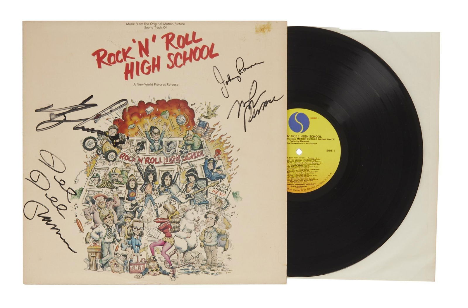 The Ramones | Band Signed "Rock 'n' Roll High School" Record Album: A vinyl pressing of The Ramones' 1979 soundtrack album, Rock 'n' Roll High School, signed to the cover by Joey, Johnny, Dee Dee, and Marky in black marker. 12.5 x 12.5 inches