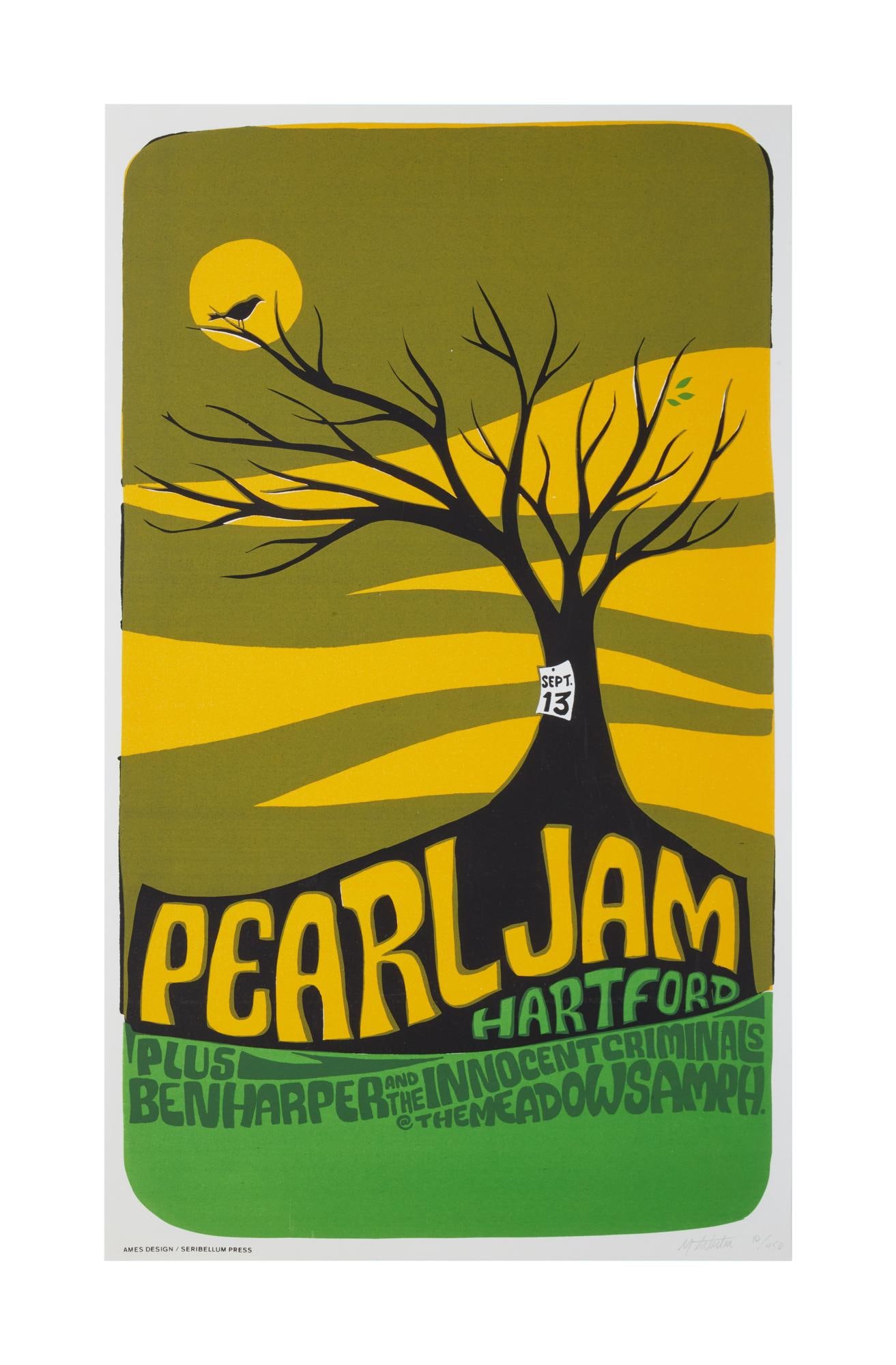 Pearl Jam | 1998 Artist Signed Original Ames Bros Meadows Music Theater Concert Poster: An original, signed Ames Bros concert poster for Pearl Jam's September 13, 1998 performance at Meadows Music Theater in Hartford, CT, with Ben Harper and the Innocent Criminals. This limited