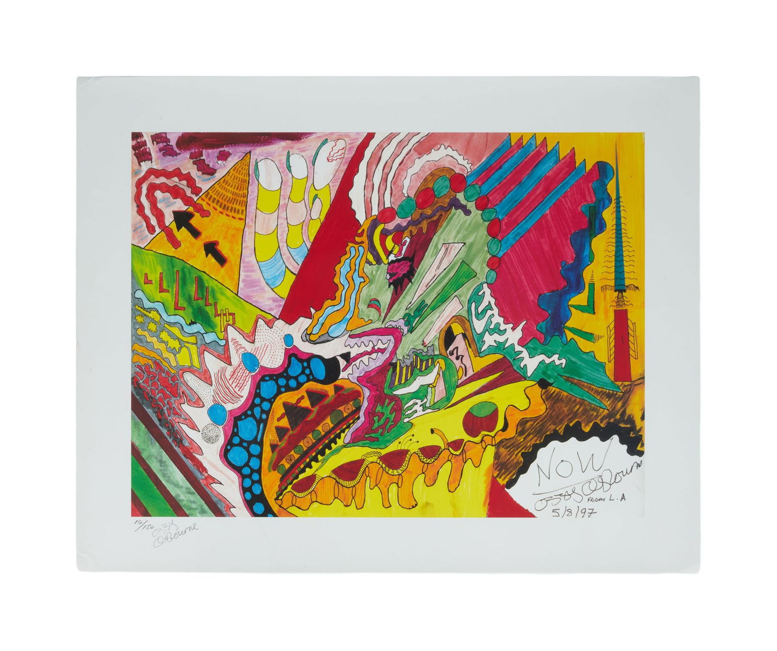 Ozzy Osbourne | Signed Original Marker "Now" Drawing Print (B): A colorful limited edition (16/150) print of a 1997 marker drawing executed by Ozzy Osbourne, signed and numbered by him to the bottom left corner in pencil. The drawing depicted is also labeled "