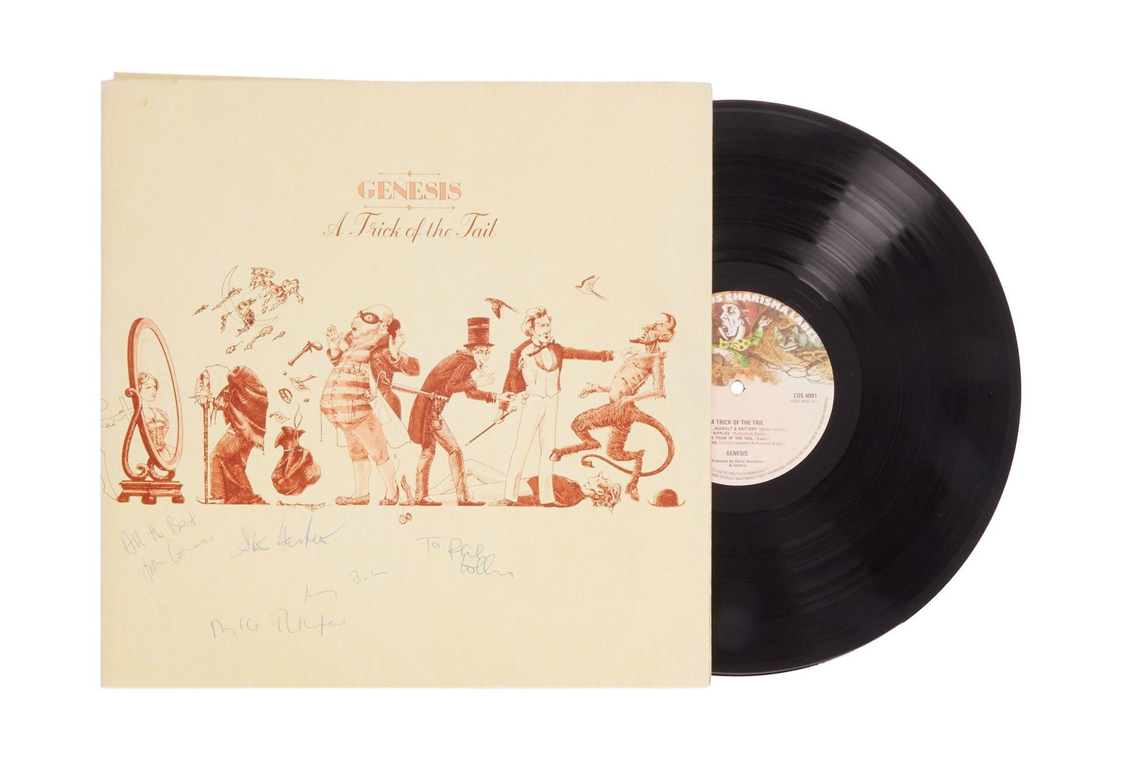 Genesis | Band Signed "A Trick Of The Tail" Record Album (UK): A UK vinyl pressing of the 1976 Genesis album A Trick Of The Tail, signed to the front cover in blue ink by Phil Collins, Anthony Banks, Mike Rutherford and Steve Hackett. There is an additional inscr
