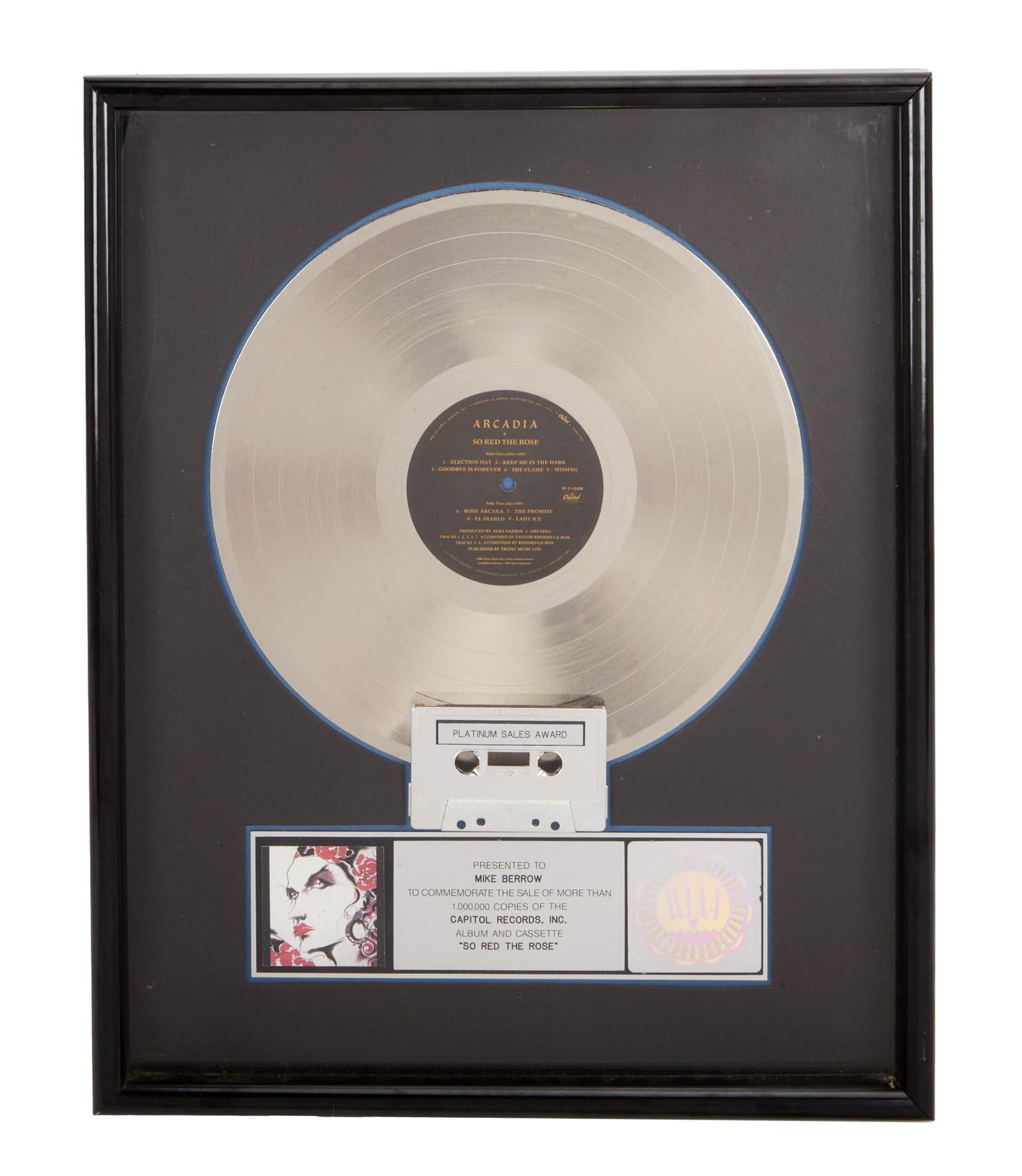 Duran Duran | 1985 Mike Berrow "So Red the Rose" RIAA Platinum Sales Award (1 of 2)