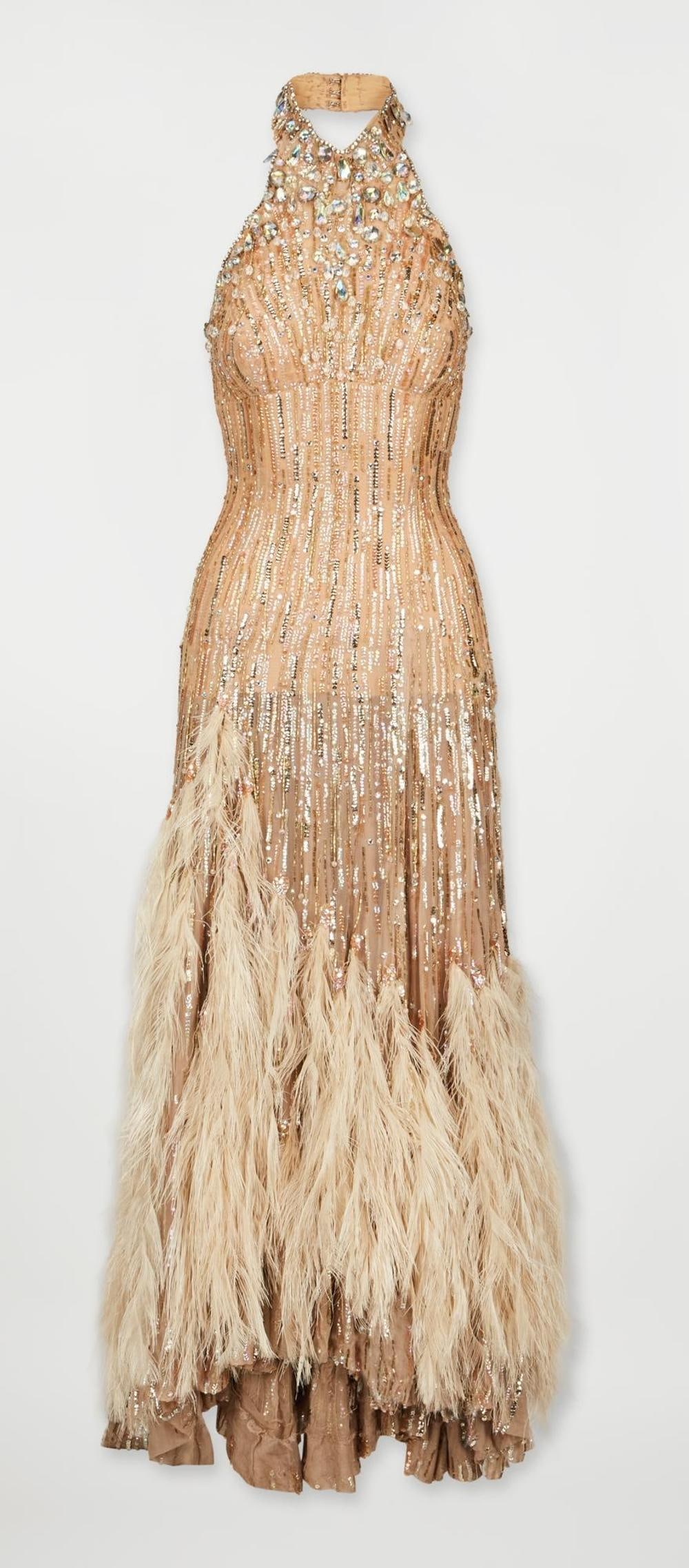 Bob Mackie | 1969 Janet Leigh Stage Worn Embellished Gown: A custom-made Bob Mackie-embellished evening gown worn by Janet Leigh for a dance performance on February 2, 1969, for a CBS television special. A sweeping floor-length gown composed of a sheer