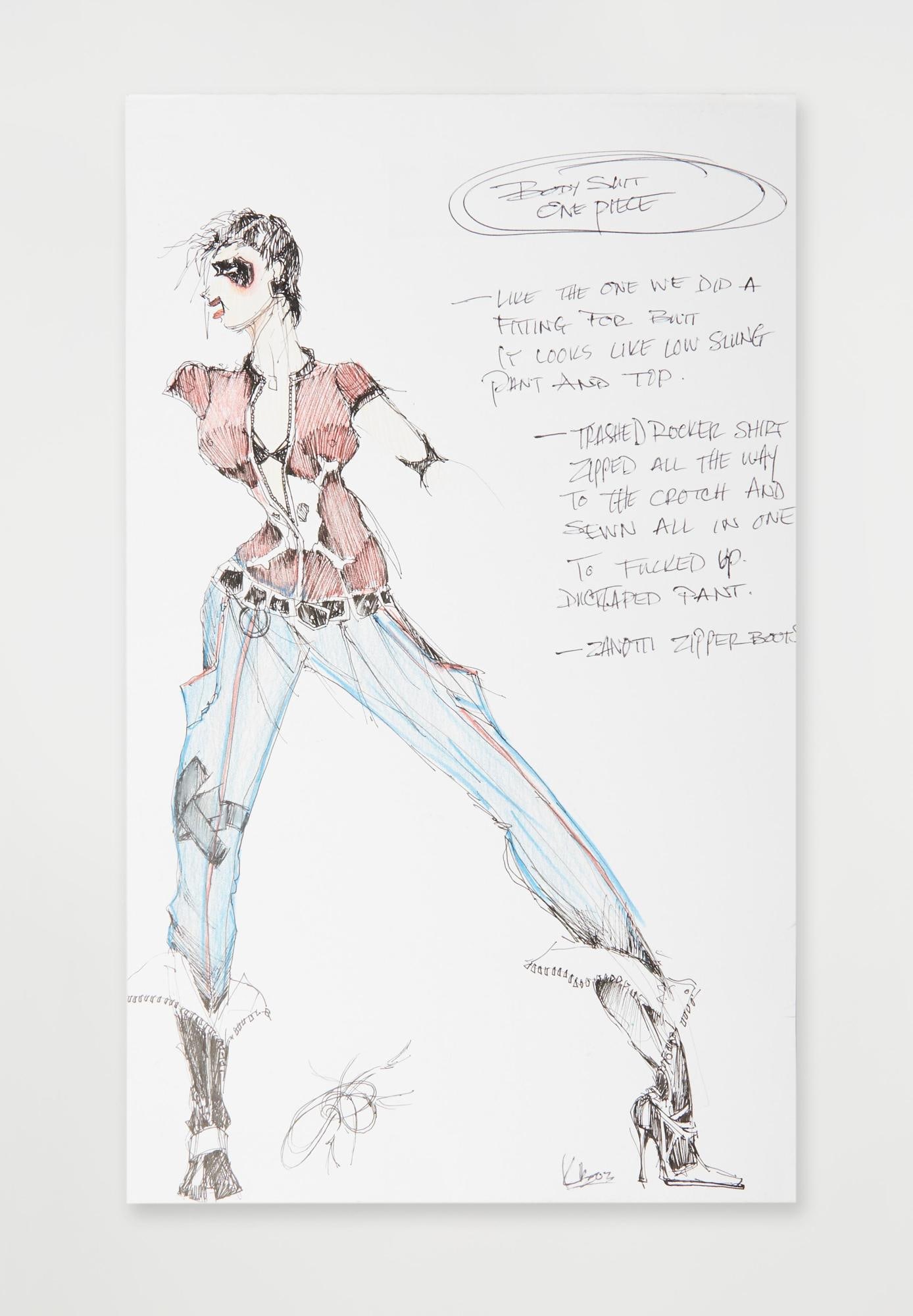 Pink | 2003 Signed Kurt and Bark Hand Drawn "Feel Good Time" Costume Illustration: A Kurt and Bart archival 2003 signed design illustration for Pink, worn for a 2003 "Feel Good Time" performance for CD: UK, a countdown music television program produced in the United Kingdo