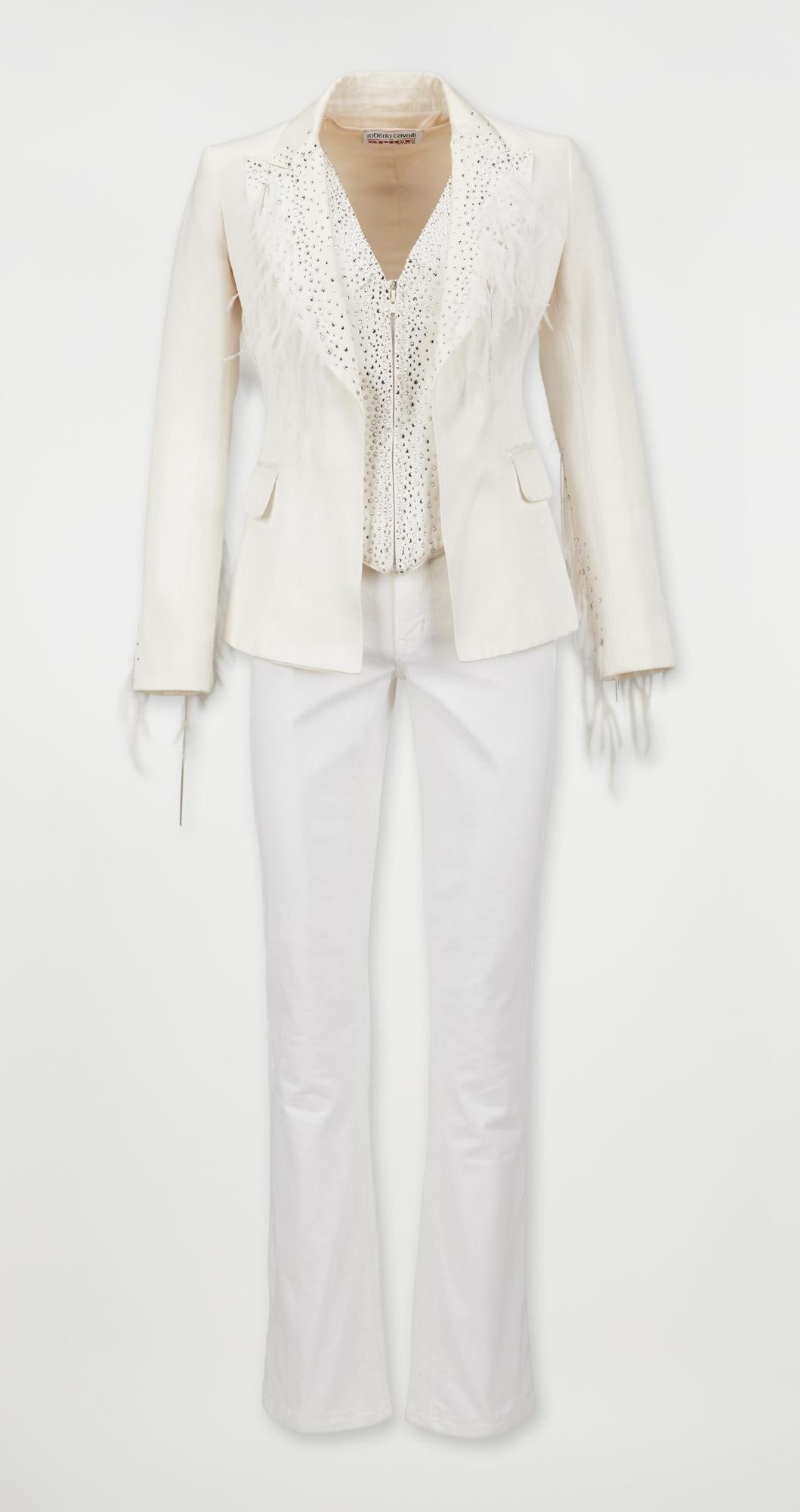 Melanie C. Sporty Spice | 2007 Spice Girl Reunion Tour Roberto Cavalli Embellished Three-Piece: A stage-worn, embellished three-piece white ensemble designed by Roberto Cavalli, jeans made by The Proportion of Blue, for Melanie Chisholm a.k.a Sporty Spice for the 2007/2008 Spice Girl Reunion. Me