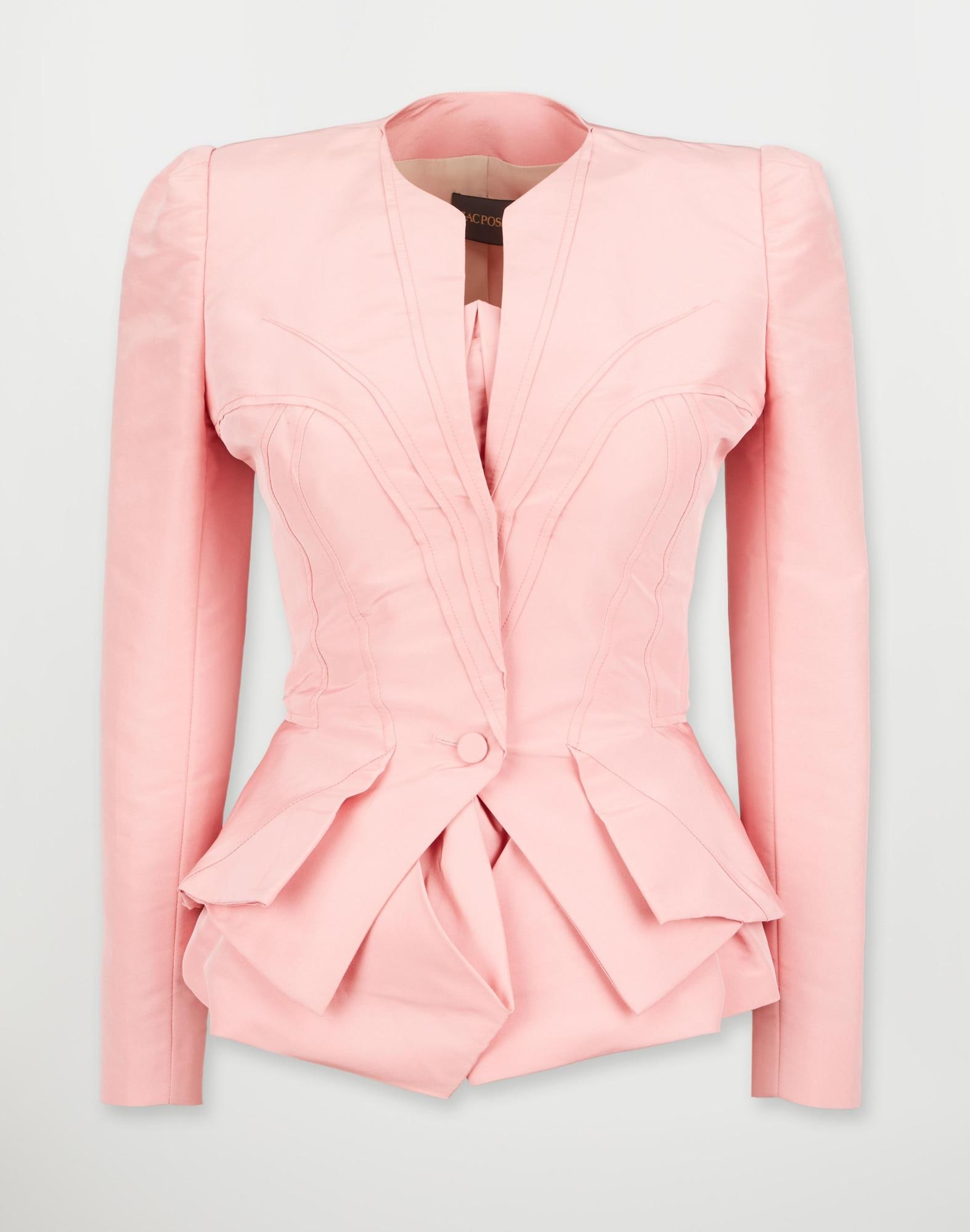 Zac Posen | Pink Silk Taffeta Jacket and Bustier: A pale pink taffeta jacket and bustier designed by Zac Posen. The two-piece ensemble features a structured jacket, a defined waist, and a peplum paired with strapless bustier peplums. Both garments ar