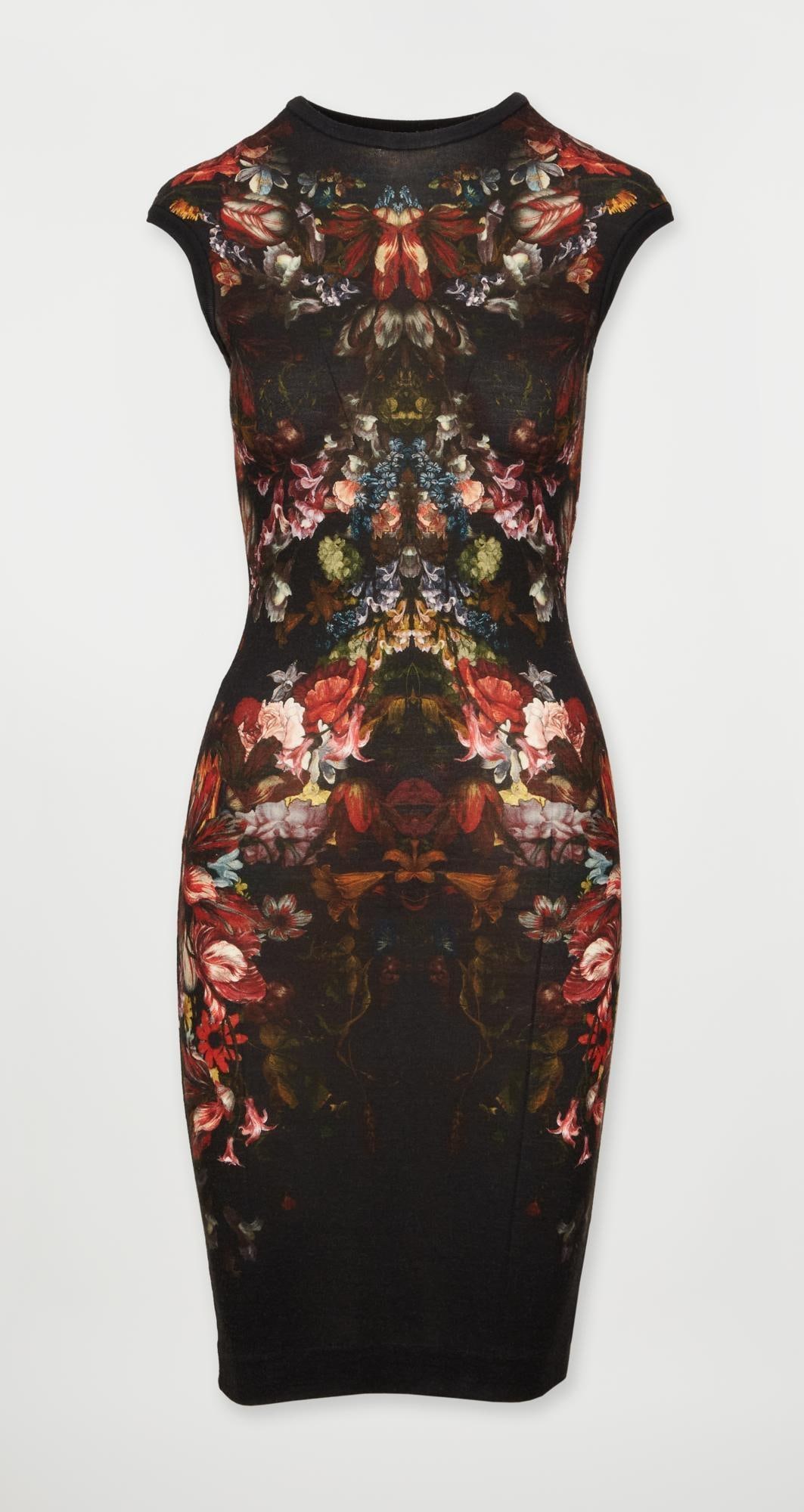 Alexander McQueen | Kaleidoscope Floral Patterned Knit Dress: This is a kaleidoscope floral-patterned Alexander McQueen body con knit dress with a crewneck and cap sleeves. The interior of the neckline has an Alexander McQueen label likley designed in 2012 or 20