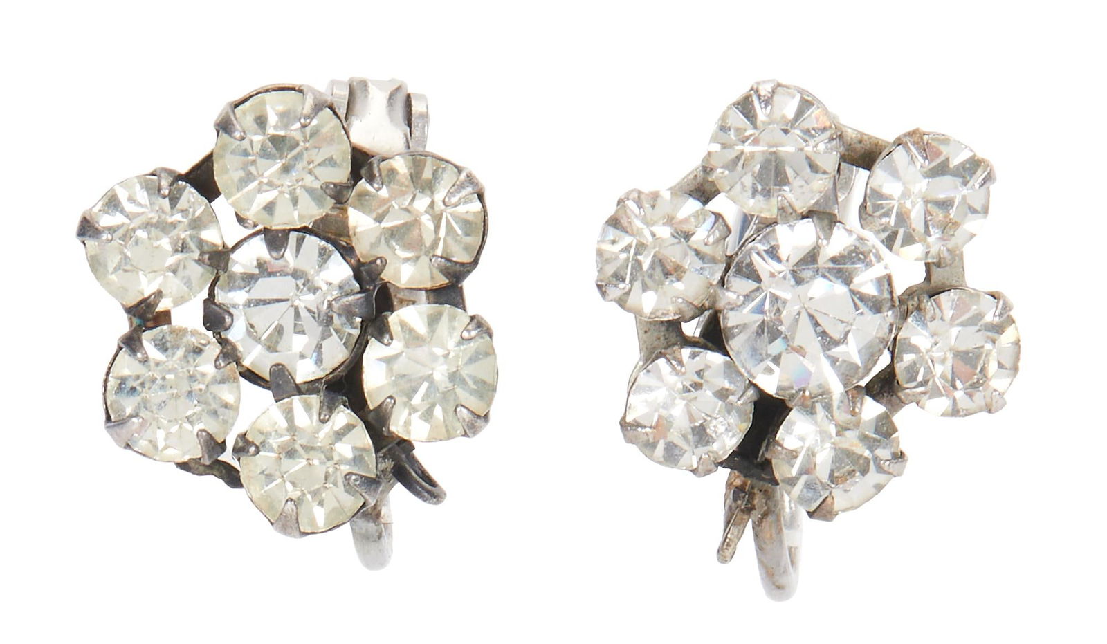 Jean Simmons | Earrings from "Angel Face" by Joseff: RKO, 1952; a pair comprising rhinestones in a floral pattern in a silverplate metal setting, clipbacks; worn by the star in the film noir with Robert Mitchum. Also worn by Susanna Foster in "Phan