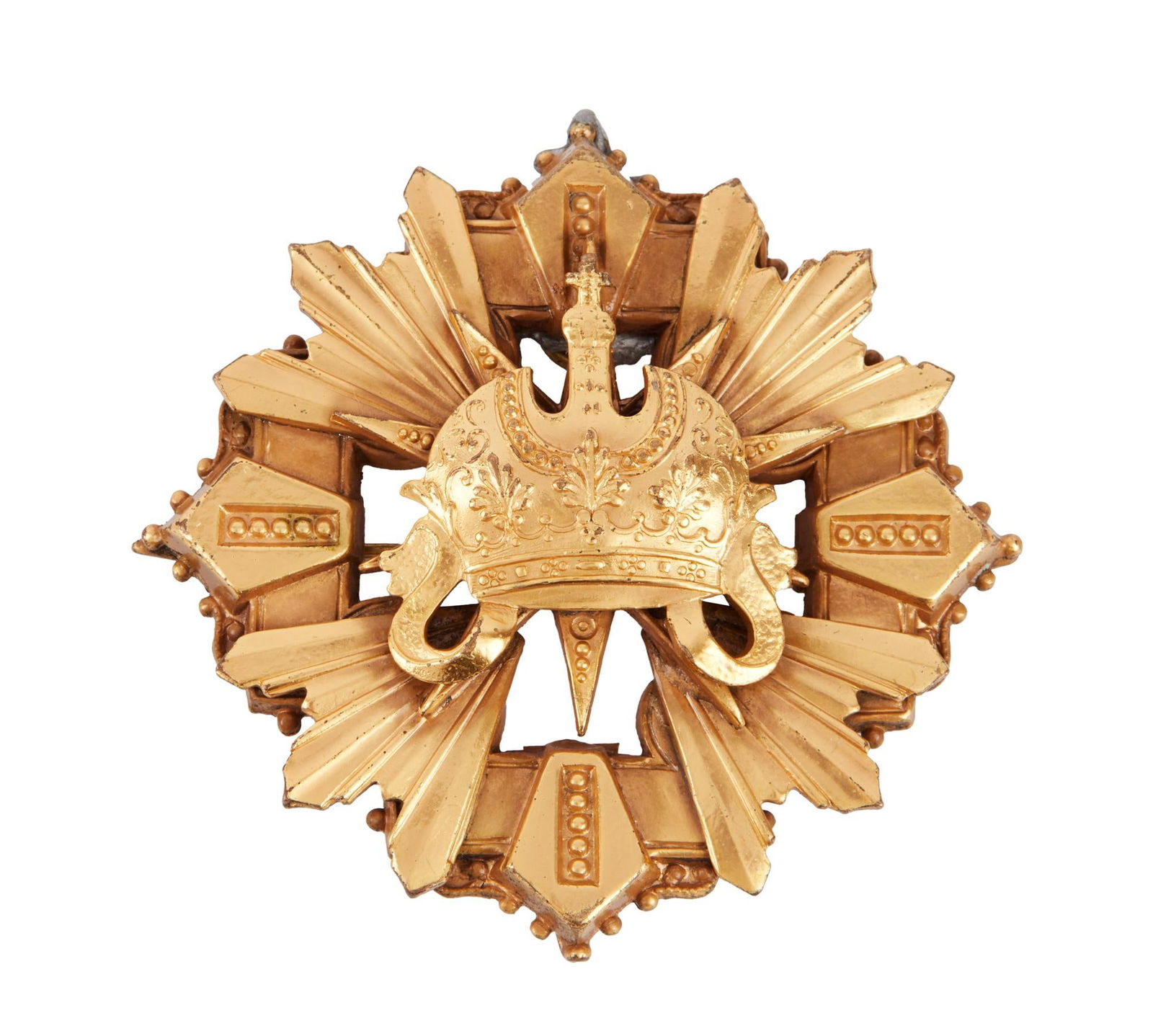 Bette Davis et al. | Brooch from "June Bride" by Joseff: Warner Bros., 1948; a goldplate pin in a starburst design with an elaborate crown center, worn by the star in the romantic comedy opposite Robert Montgomery. Also worn by Ann Sothern in "Death in