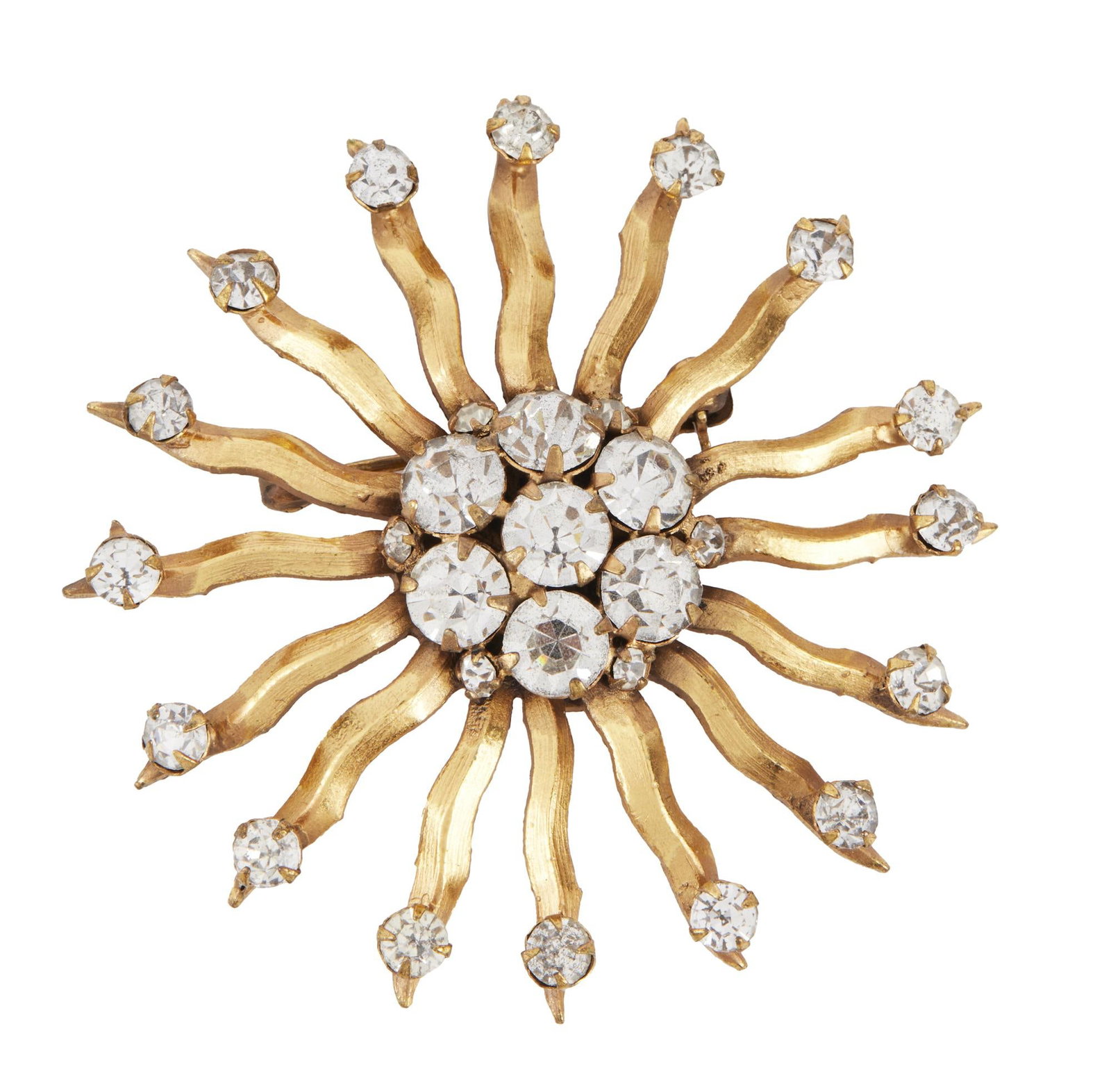 Deanna Durbin | Brooch from "Lady on a Train" by Joseff: Universal, 1945; a goldplate pin in a sun design, decorated with a cluster of clear gemstones in the center and additional gemstones at each point; worn by the star in the crime-comedy film. Diameter;