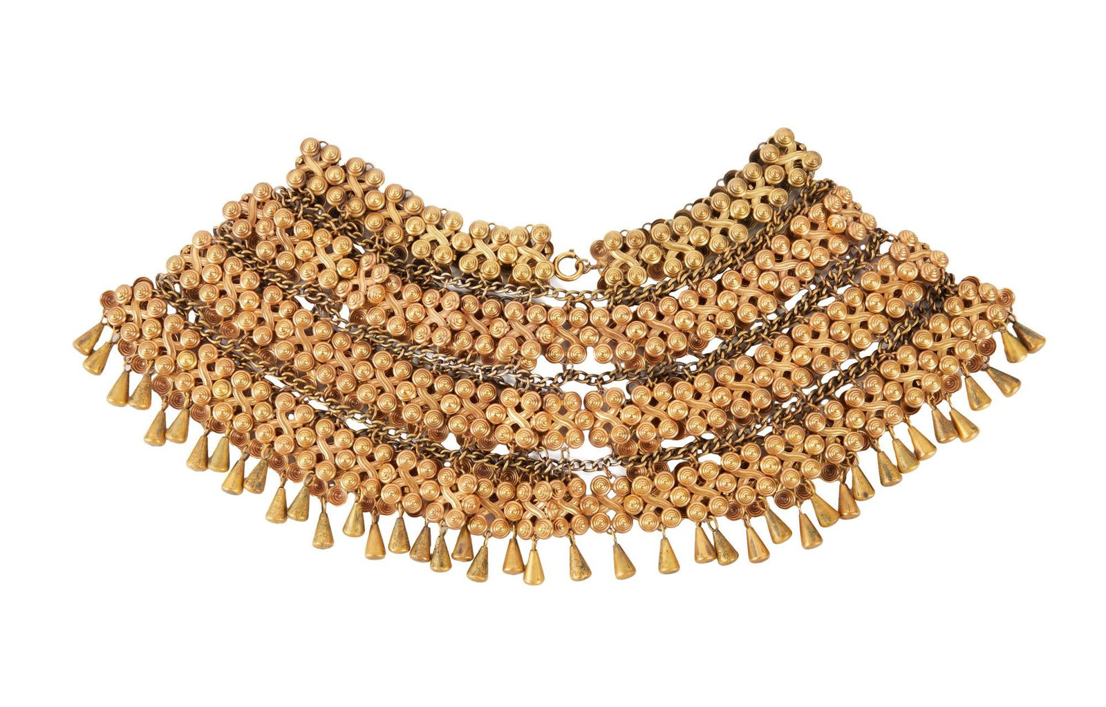 Sherilyn Fenn | Necklace from "Liz: The Elizabeth Taylor Story" by Joseff: NBC, 1995; a dazzling vintage goldplate necklace composed of four strands of swirl-patterned charms and dangling baubles; worn by the actress in the television series dramatizing the life of Elizabeth