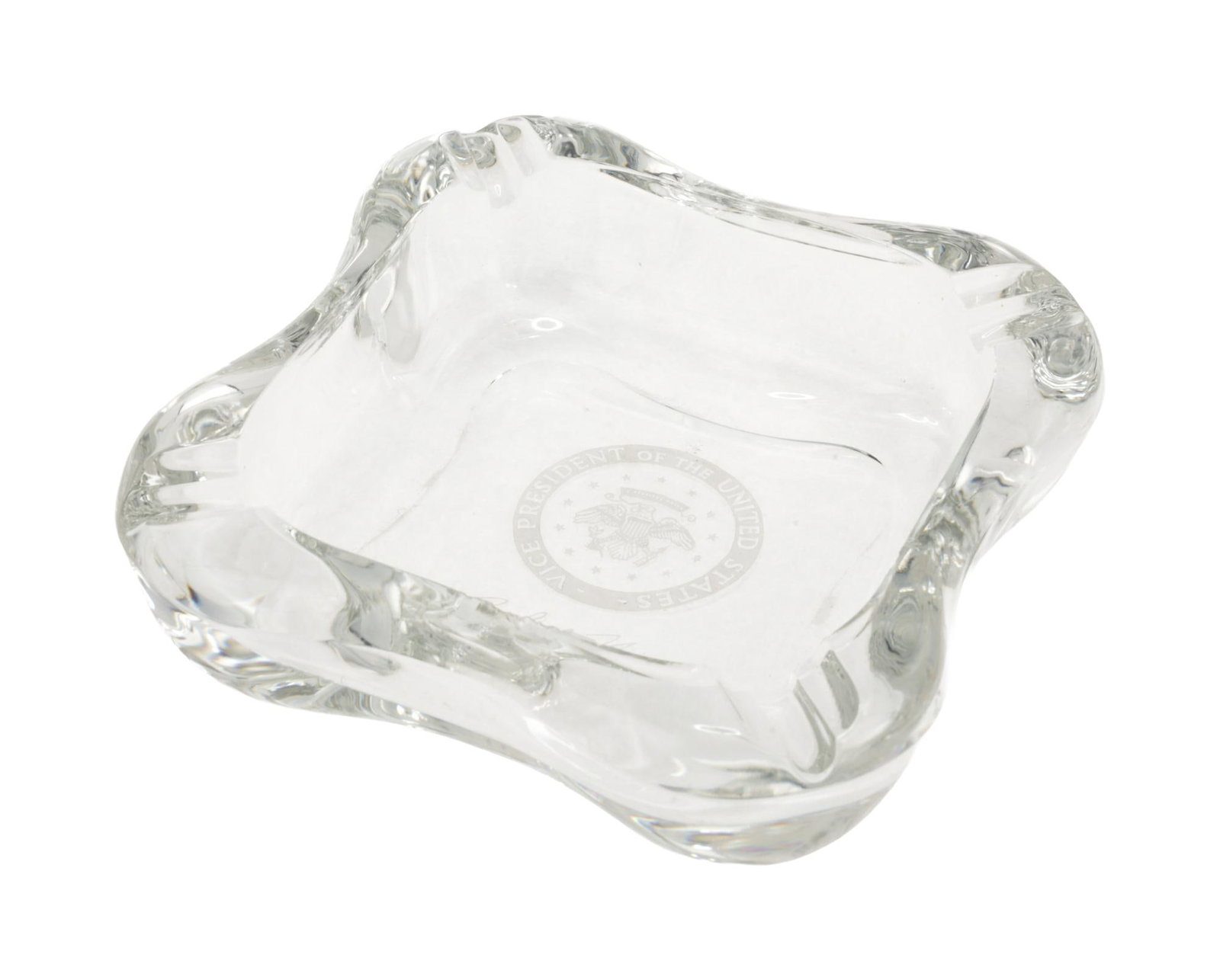 Richard Nixon | 1950s Commemorative Ashtray: A heavy piece made of glass; featuring the seal of the Vice President of the United States in the center above the facsimile signature of the then VP, Richard Nixon. (Please note there is a chip evide