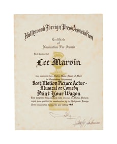 Lee Marvin | 1969 Golden Globe Nomination Certificate for "Paint Your Wagon"
