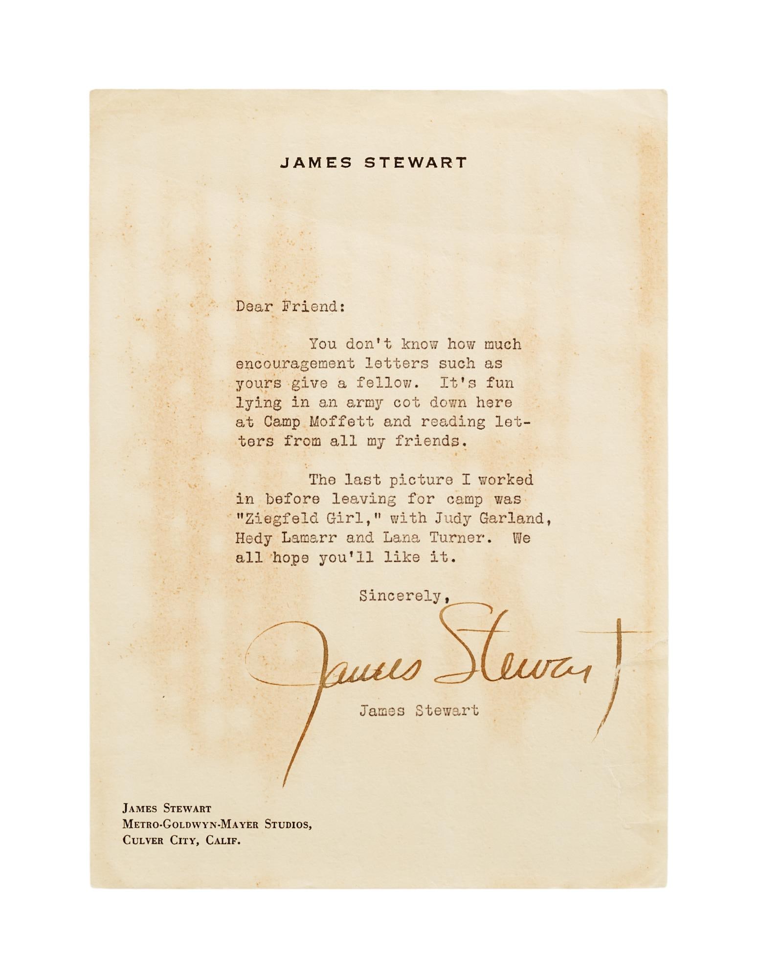 James Stewart | Signed WWII Letter: A typed letter signed in fountain pen ink by James Stewart, thanking a fan for writing to him while he was enlisted in the United States Army, fighting World War II. The letter is typed on Stewart'