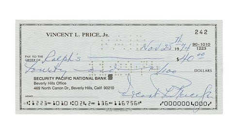 Vincent Price | 1974 Signed Check