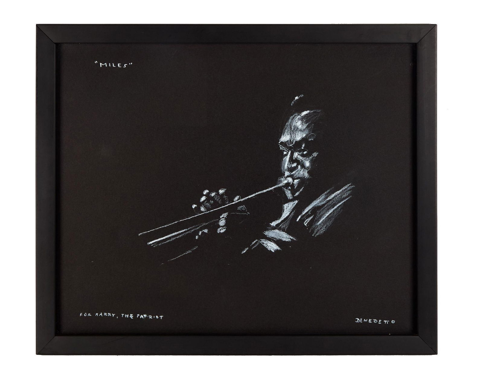 Harry Belafonte | Tony Bennett Portrait of Miles Davis: A white pastel on black paper portrait of Miles Davis by Tony Bennett inscribed "'Miles' For Harry, The Patriot" and signed "Benedetto." Miles Davis was one of Belafonte