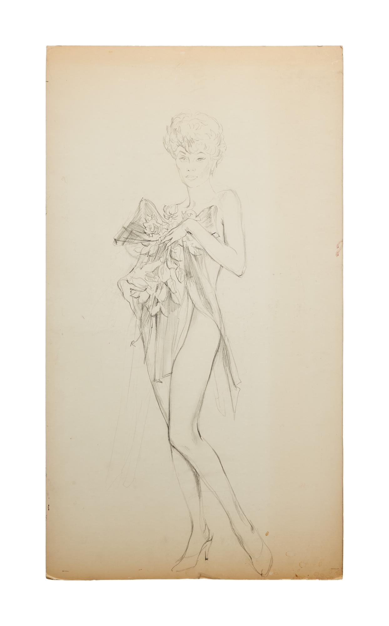 Lucille Ball | 1973 Sketch by Jaroslav Gebr from "Here's Lucy": CBS Television, 1968-1974; a pencil on illustration board sketch depicting the star in the nude as she holds a bouquet of flowers and a large bow in front of herself; created as a preliminary drawing