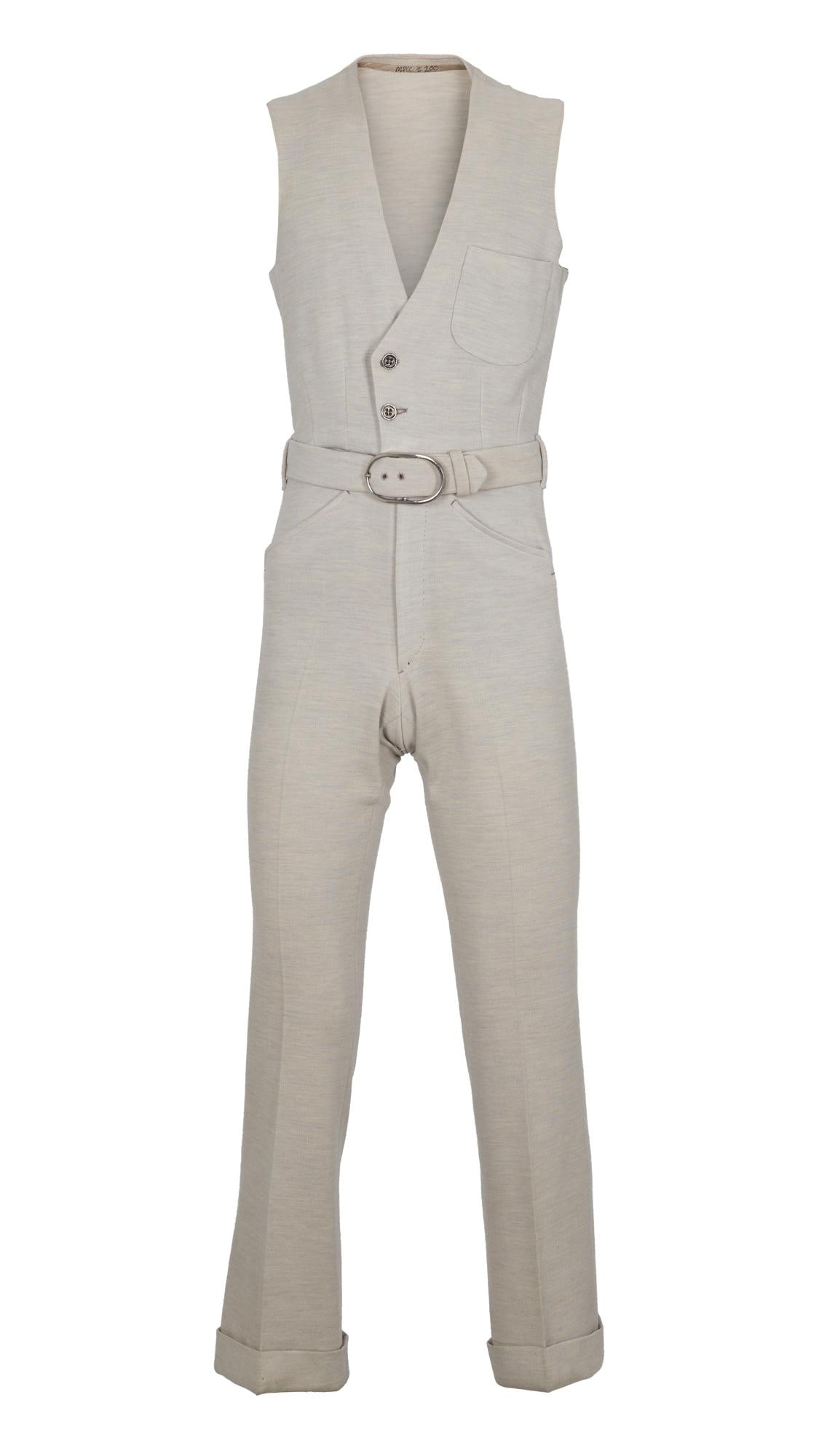 Sammy Davis, Jr. | 1972 Jumpsuit from "Poor Devil": NBC Television, 1973; a garment made of pearl gray wool; top portion is a vest with one front pocket and a two-button closure, bottom portion are slacks ending with a cuffed hem, self-belt; label read