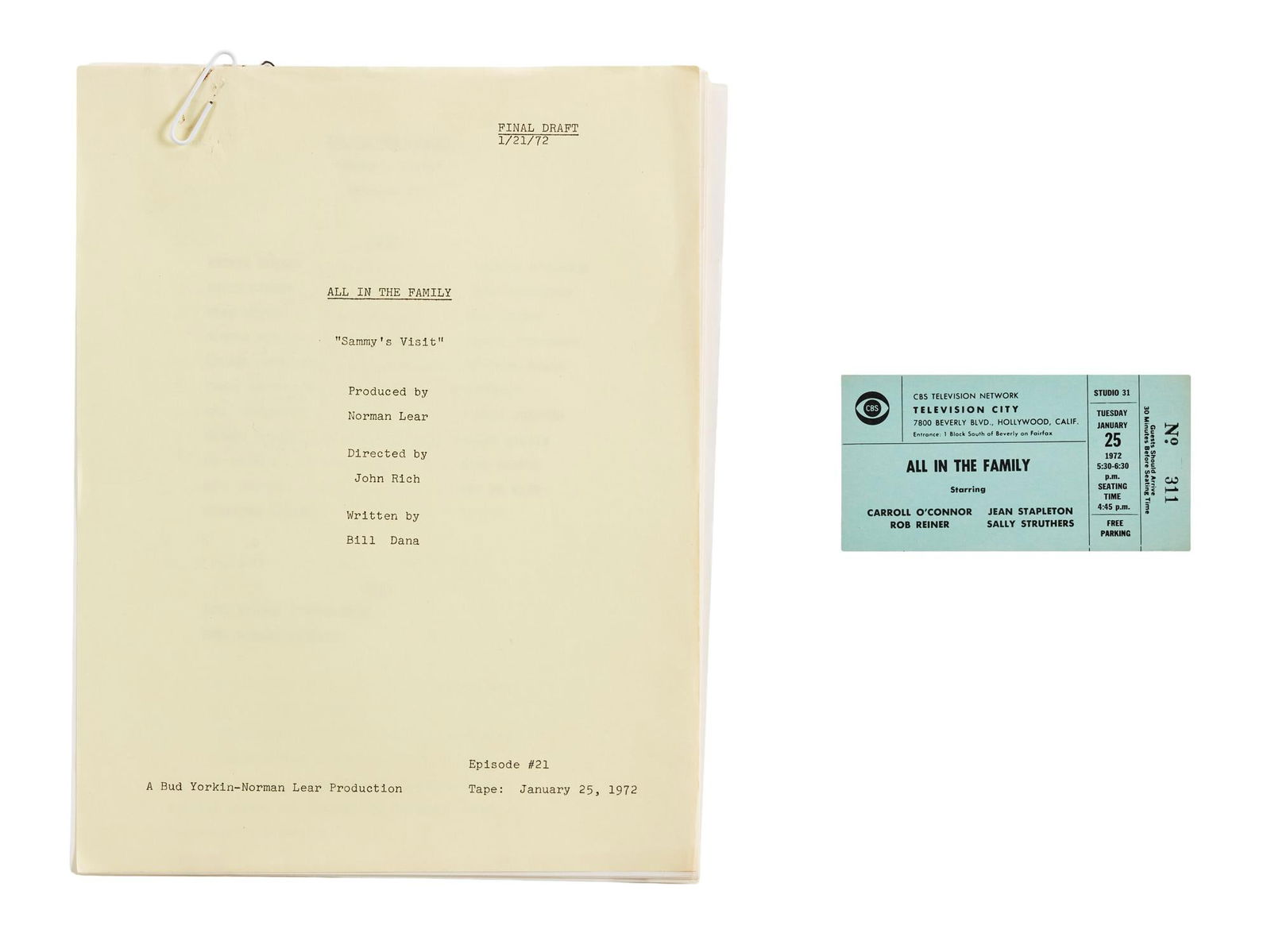All in the Family | 1972 Script and Taping Ticket from the "Sammy's Visit" Episode: CBS Television, 1971-1979; no covers, marked "Final Draft," dated "1/21/72." from episode 21 titled "Sammy's Visit," written by Bill Dana, 41 pages including some col