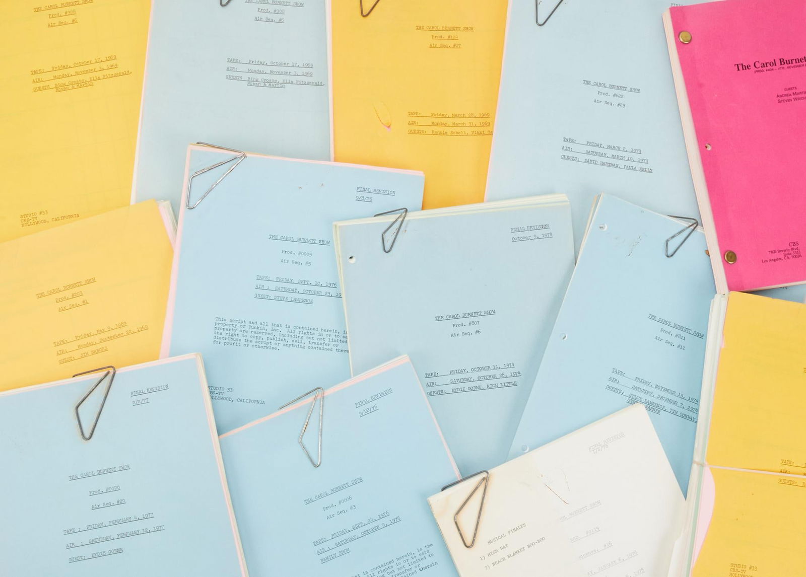 The Carol Burnett Show | 1960s-1990s Collection of Scripts: CBS Television, 1967-1978 and 1991; a group of 13 from the long-running and beloved comedy series; with many having colored 'script change' pages, including ones for the air dates of: 1) 11-3-