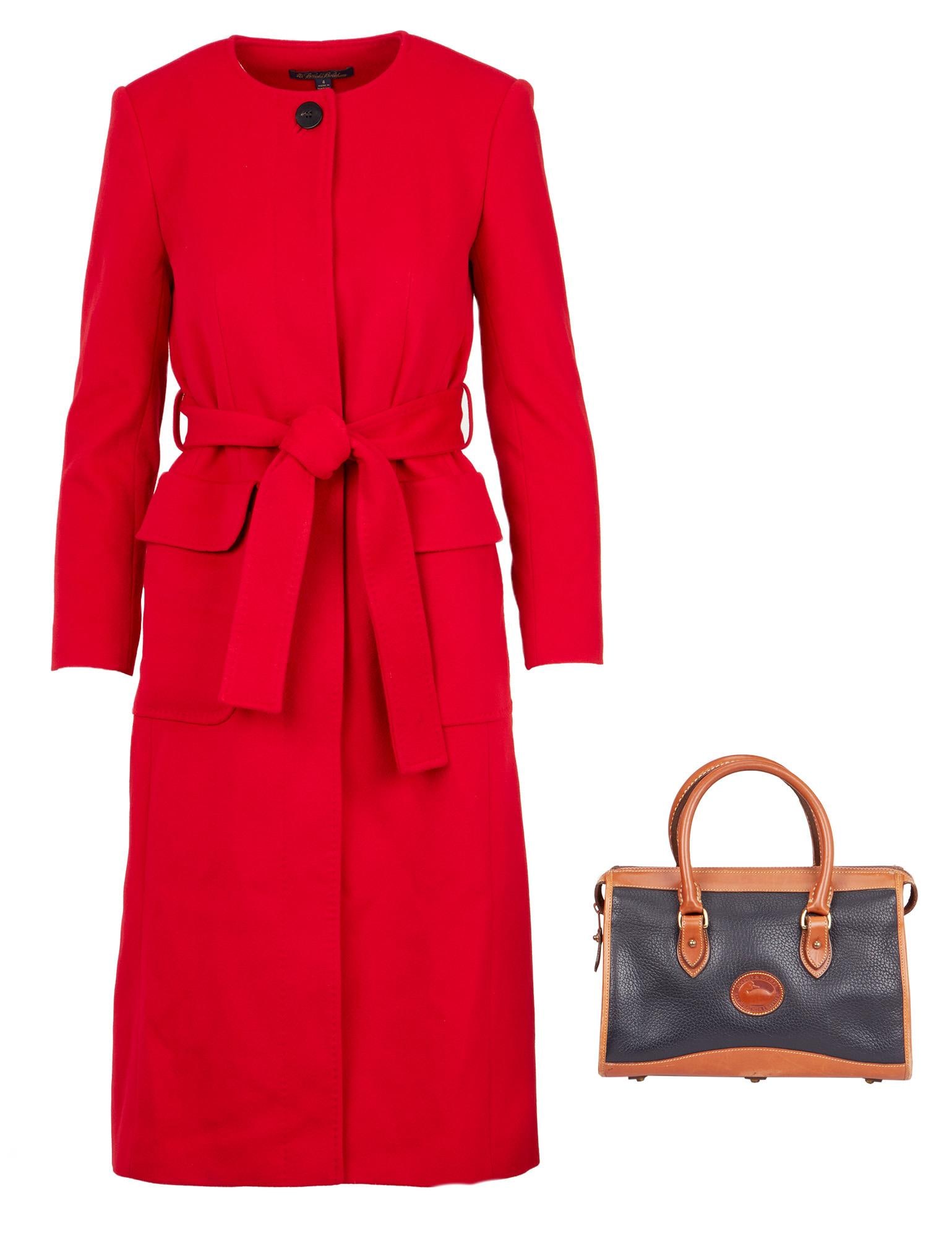 Reese Witherspoon | 2020 Coat and Purse from "Little Fires Everywhere": Hulu Cable Television, 2020; a garment made of bright red wool, shin-length, collarless, two large front flap pockets, five black button front closure, self-belt, label reads in part "Brooks Brot