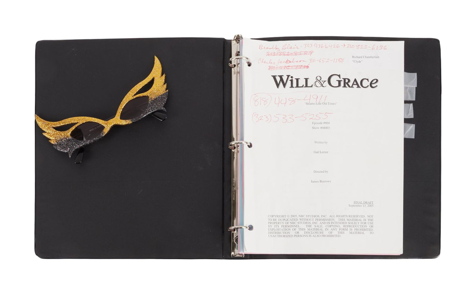 Richard Chamberlain | 2005 Script and Glasses from "Will and Grace": NBC, 2005; a pair of items related to Chamberlain's turn as a guest star on the award-winning sitcom "Will & Grace". One is Chamberlain's annotated copy of the script for the epi