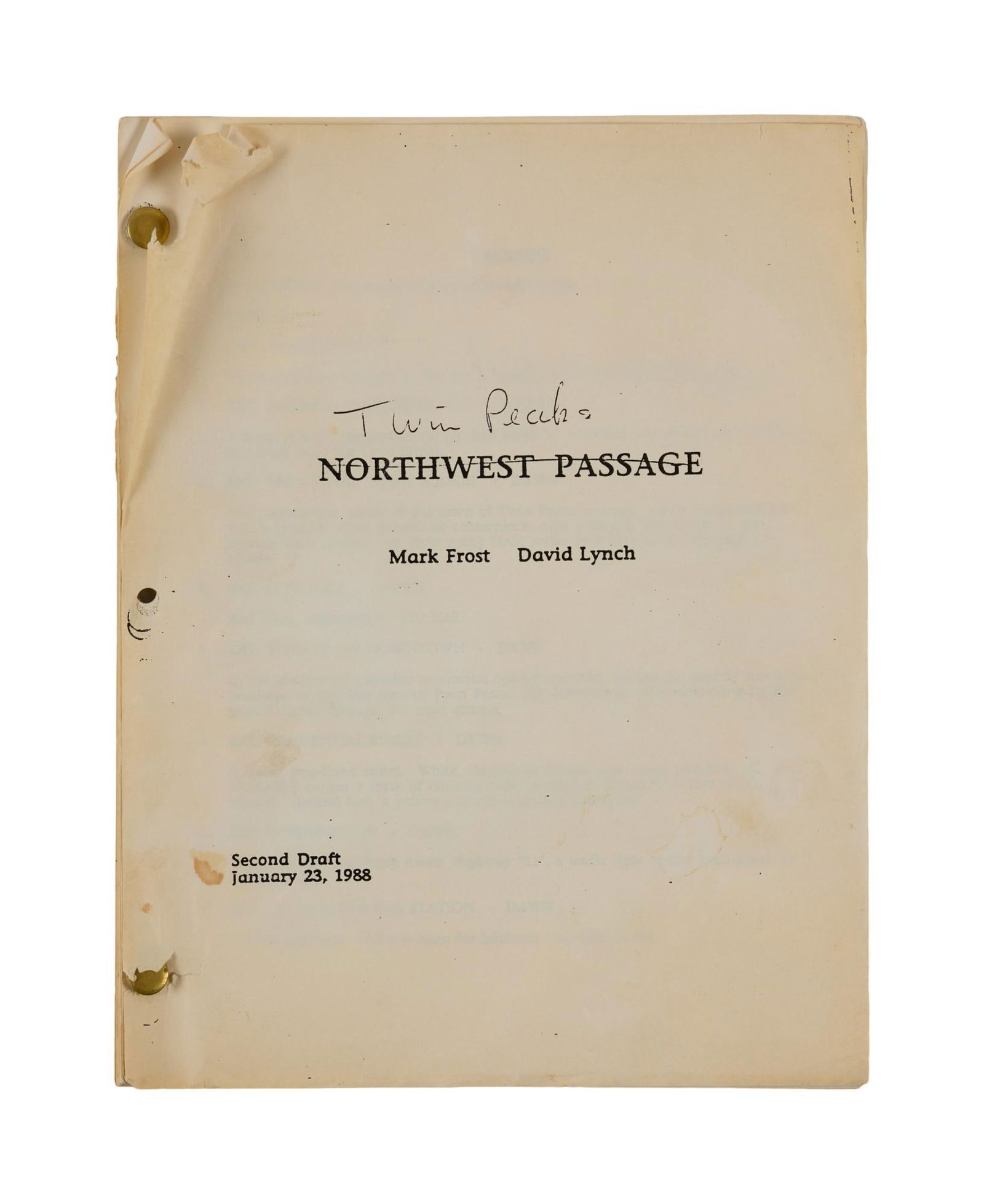 Twin Peaks | Pilot Script Under "Northwest Passage" Title: A copy of the second draft script for the pilot episode of David Lynch and Mark Frost's drama series, Twin Peaks (ABC, 1990-1991). The copy is dated January 23, 1988 and is 101 pages in