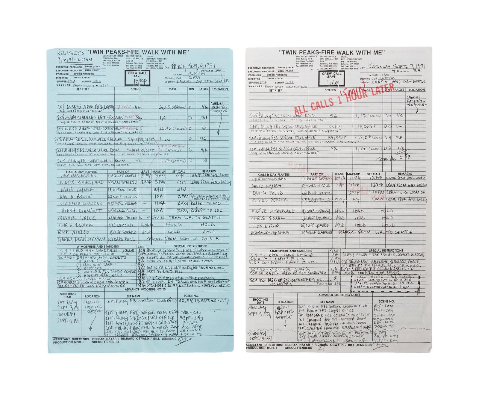 Twin Peaks: Fire Walk with Me | Production Call Sheets: Two call sheets from the production of the David Lynch film Twin Peaks: Fire Walk with Me (New Line Cinema, 1992). One is for Friday, September 6, 1991 and the other is for Saturday, Septemb