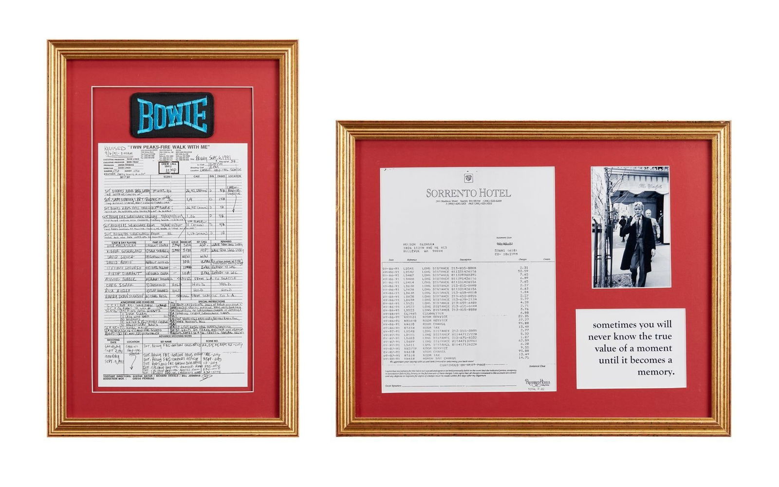 Twin Peaks: Fire Walk with Me | Two Framed Pieces Relating to David Bowie: Two framed pieces relating to the David Lynch film Twin Peaks: Fire Walk with Me (New Line Cinema, 1992) and David Bowie, who appeared in the film as Special Agent Phillip Jeffries